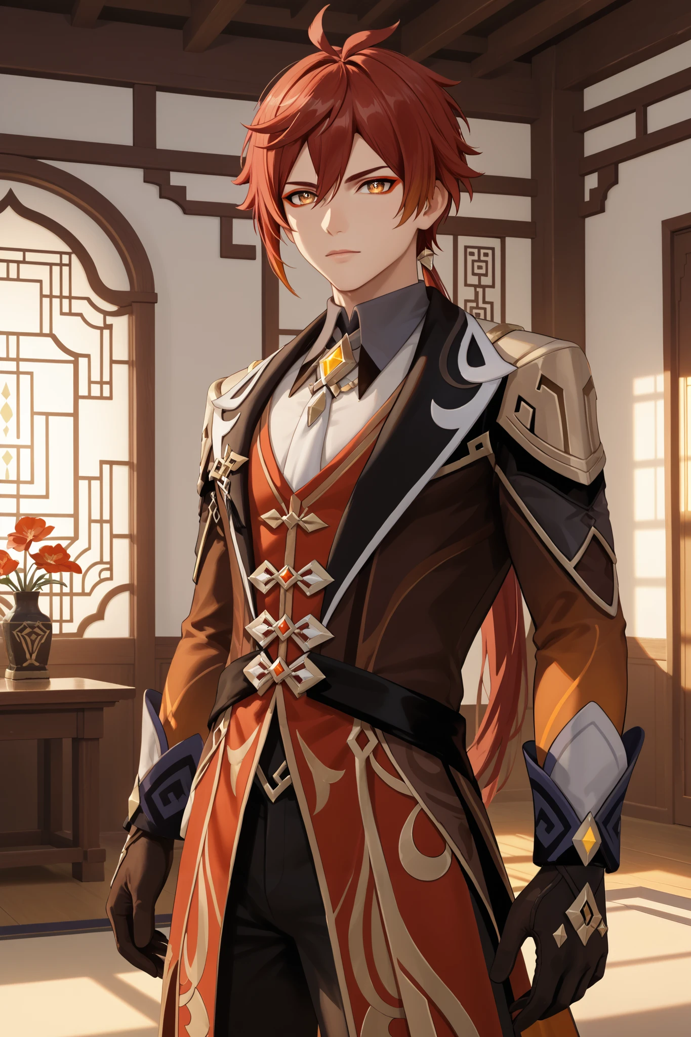 masterpiece, beautiful, ultra-detailed, detailed face, 4k, hd, perfect lighting, best quality, score_9, score_8_up, score_7_up, score_6_up, 2d art, perfect hands, perfect eyes
((cowboy shot))
zhongli, (((red hair))), low ponytail, yellow eyes, red eyeliner
1man, 30yo,serious,standing,hand on gloves
genshin impact, closed temple, inside vulcan, room, vulcan, skin texture style
realism
detailed