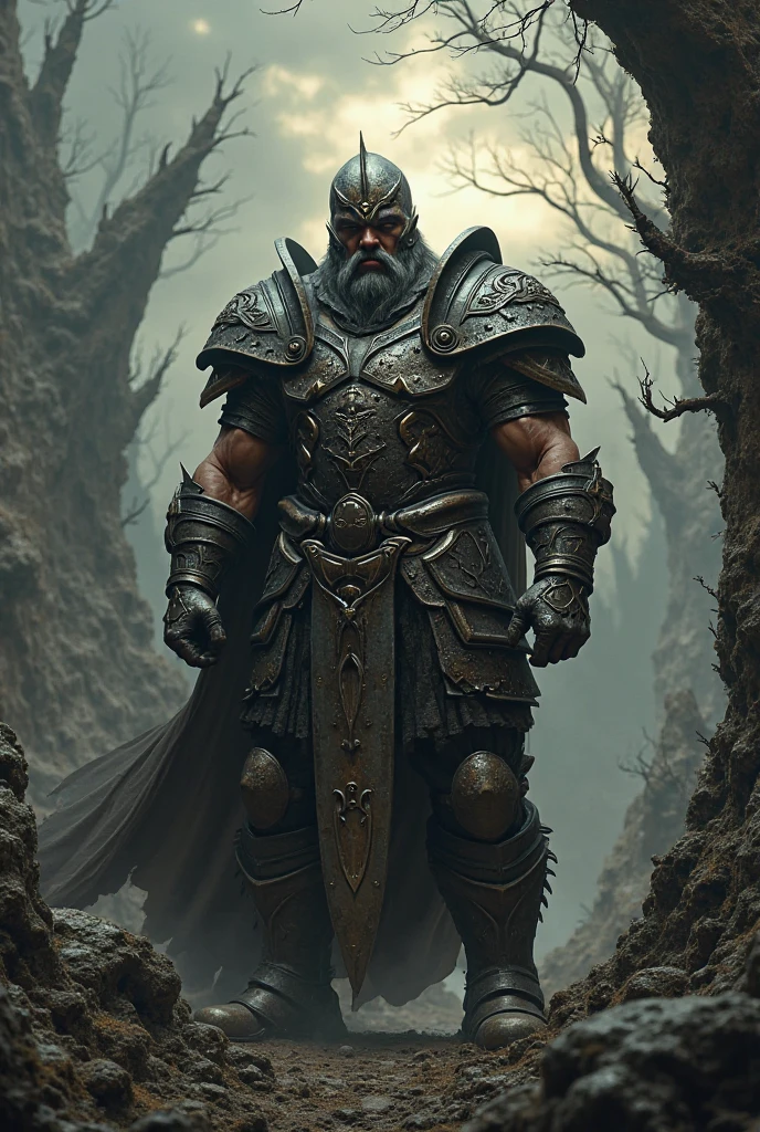 big monster man from the woods, big beard and leather armor, hoodie, hair slicked back, a bit fat