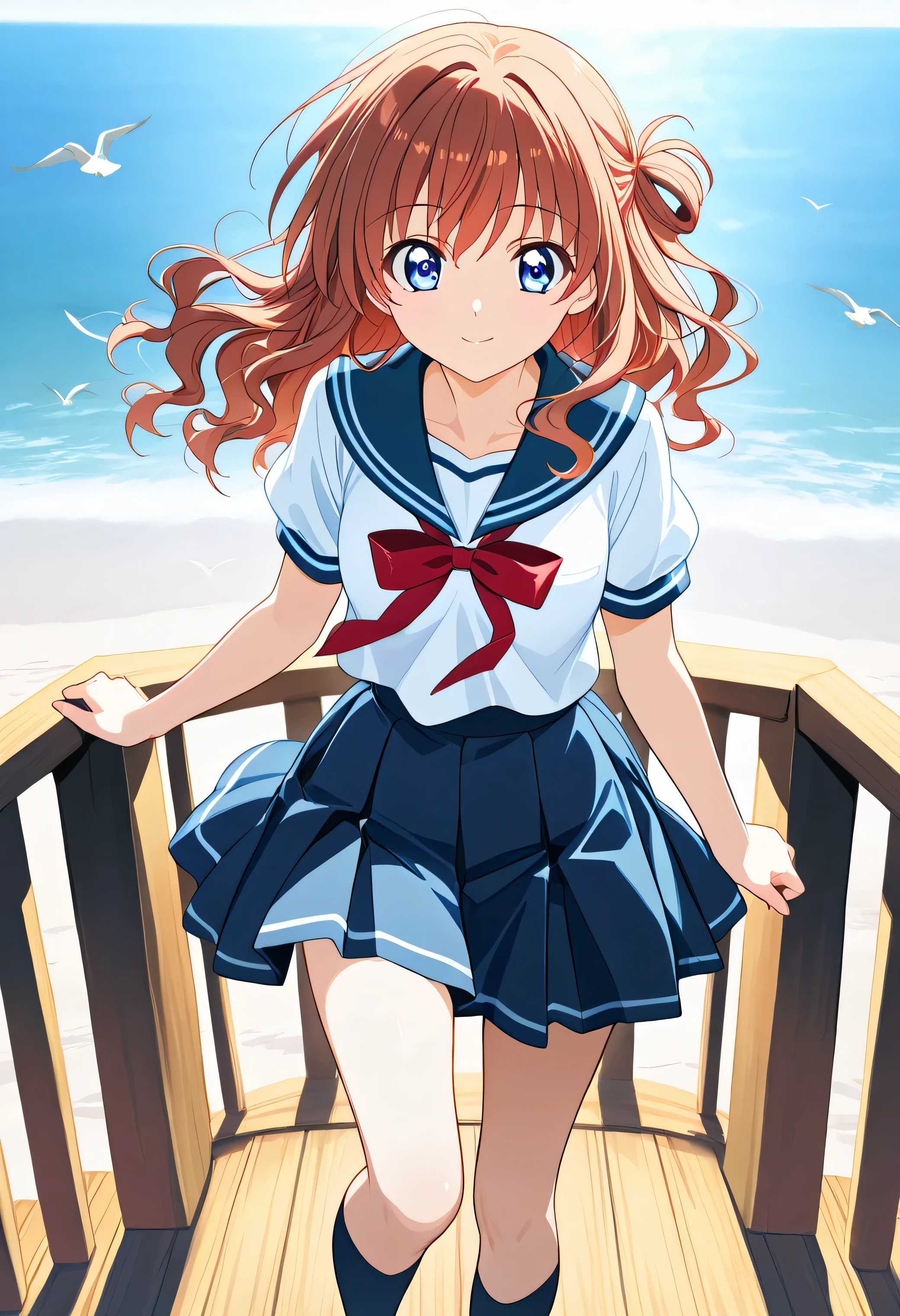 "A stunning 20-year-old anime girl with a delicate yet confident expression, wearing a perfectly tailored Japanese sailor school uniform with a crisp white blouse, navy blue pleated skirt, and a neatly tied red ribbon. Her long, wavy hair sways gently in the breeze, catching the golden light of the afternoon sun. Her deep, mesmerizing eyes reflect a sense of mystery and intelligence. She stands on a seaside pier, the waves gently crashing behind her, as seagulls soar in the distance. The scene is drawn in a breathtaking anime style, with rich colors, soft lighting, and a touch of romantic nostalgia."
