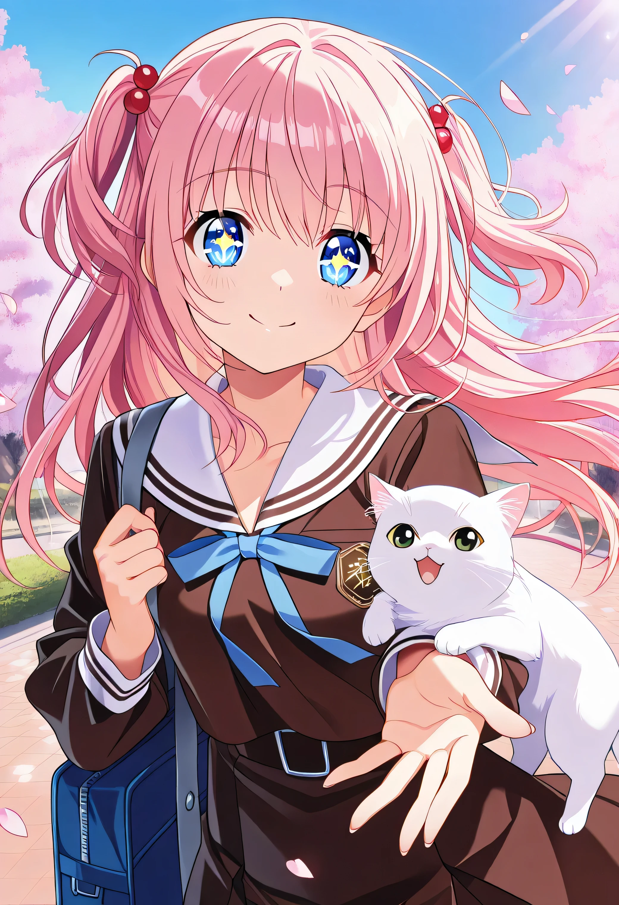 "A beautiful 20-year-old anime girl with bright, sparkling eyes and a cheerful smile, dressed in a traditional Japanese sailor school uniform with a sky-blue ribbon. Her soft, shoulder-length hair is playfully tousled by the wind. She holds a school bag in one hand and a small white cat in the other, both looking curiously at the viewer. The background is a lively cherry blossom park in full bloom, petals drifting through the air, illuminated by warm sunlight. The scene has a vibrant and detailed anime style, emphasizing a dreamy yet realistic aesthetic."

