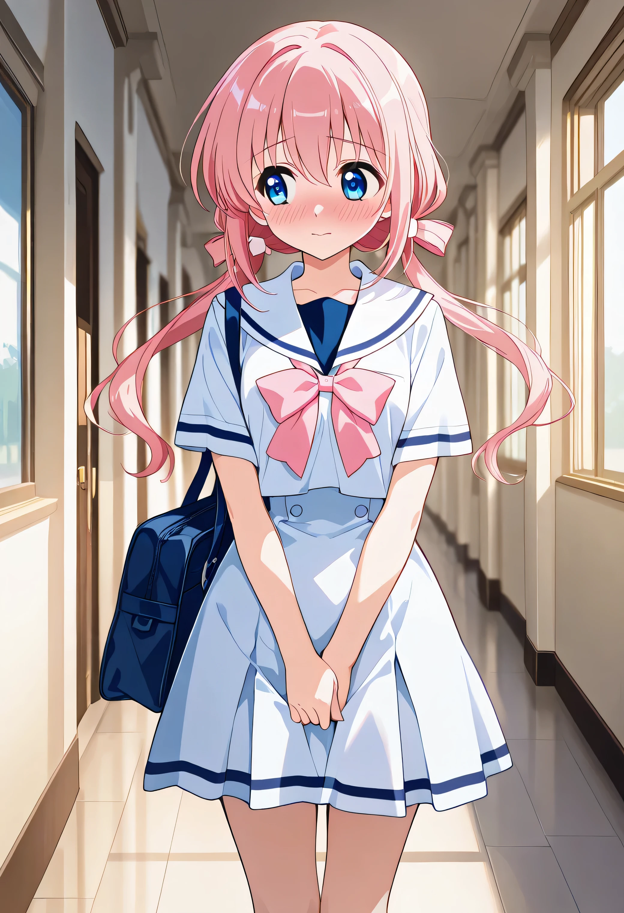 "A shy yet charming 20-year-old anime girl with soft pastel-pink hair styled into two low twintails, wearing a traditional white and navy-blue sailor uniform with a light pink ribbon. She gently holds her schoolbag in front of her, blushing slightly as she looks away, standing in a quiet school hallway bathed in warm afternoon light. The soft glow from the windows casts a dreamy and nostalgic atmosphere, capturing the essence of youth and innocence in a delicate anime illustration."