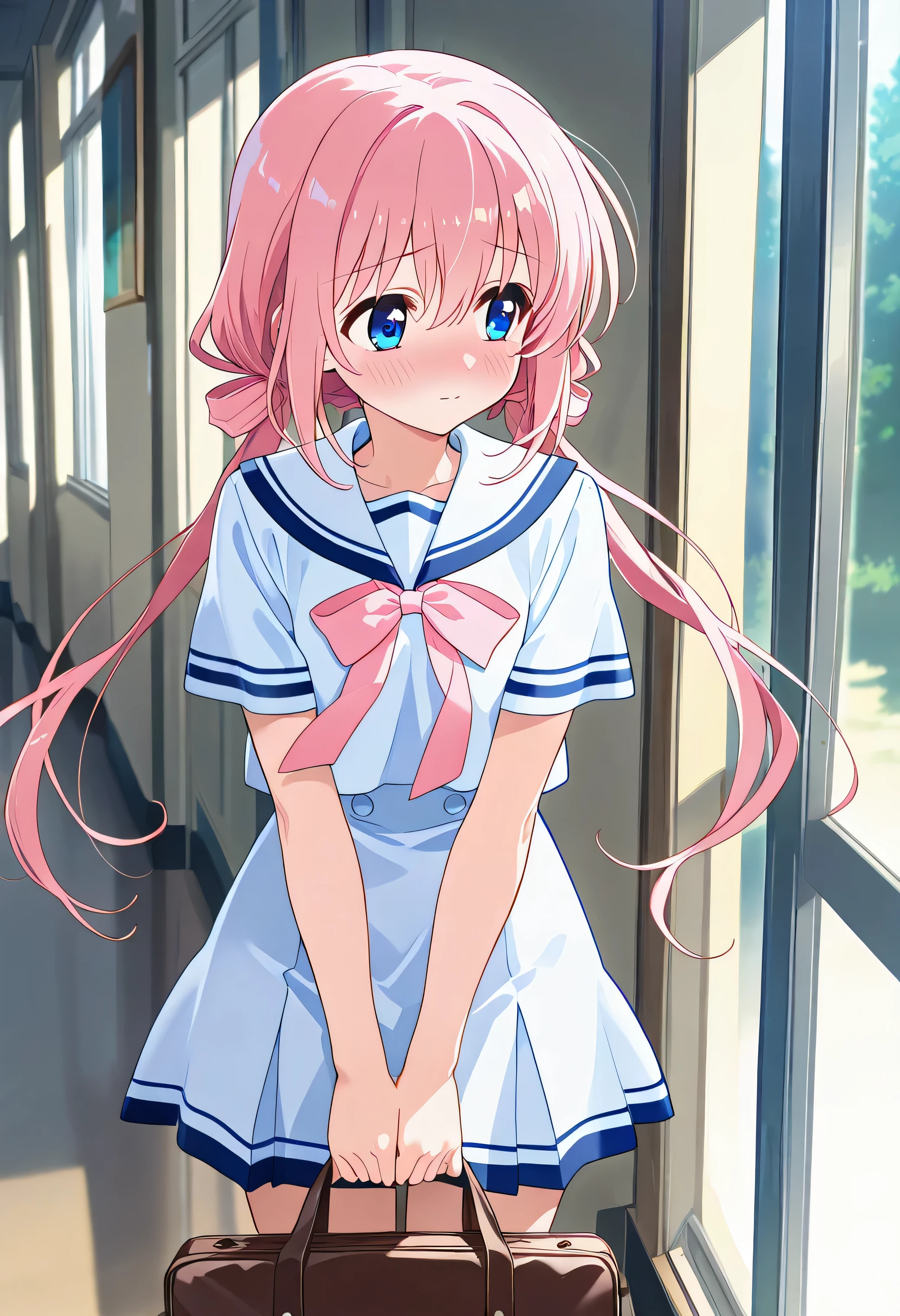 "A shy yet charming 20-year-old anime girl with soft pastel-pink hair styled into two low twintails, wearing a traditional white and navy-blue sailor uniform with a light pink ribbon. She gently holds her schoolbag in front of her, blushing slightly as she looks away, standing in a quiet school hallway bathed in warm afternoon light. The soft glow from the windows casts a dreamy and nostalgic atmosphere, capturing the essence of youth and innocence in a delicate anime illustration."

