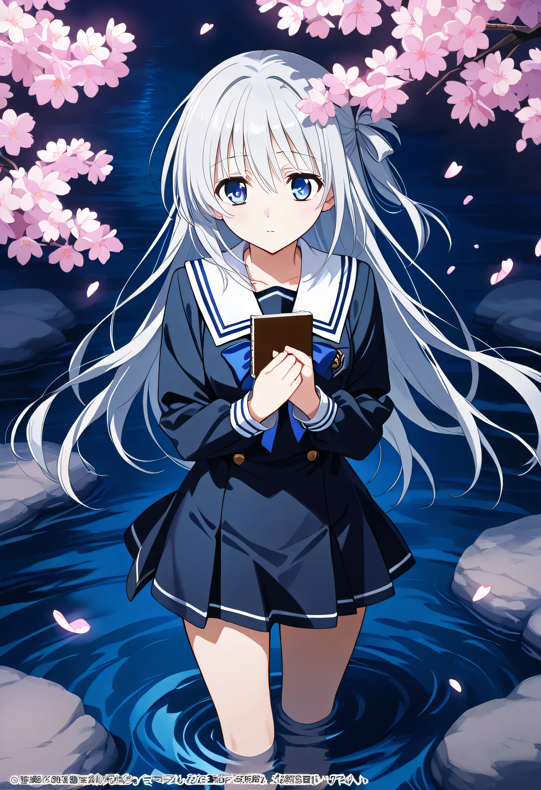 "A melancholic yet graceful 20-year-old anime girl with silver hair and deep blue eyes, wearing a traditional sailor uniform with a dark navy theme, giving off a mysterious aura. She stands alone by a quiet riverbank at dusk, cherry blossoms floating gently on the water. Her expression is wistful as she clutches a small notebook to her chest, lost in thought. The illustration is rendered in a soft, painterly anime style, evoking a deep sense of nostalgia and longing."


