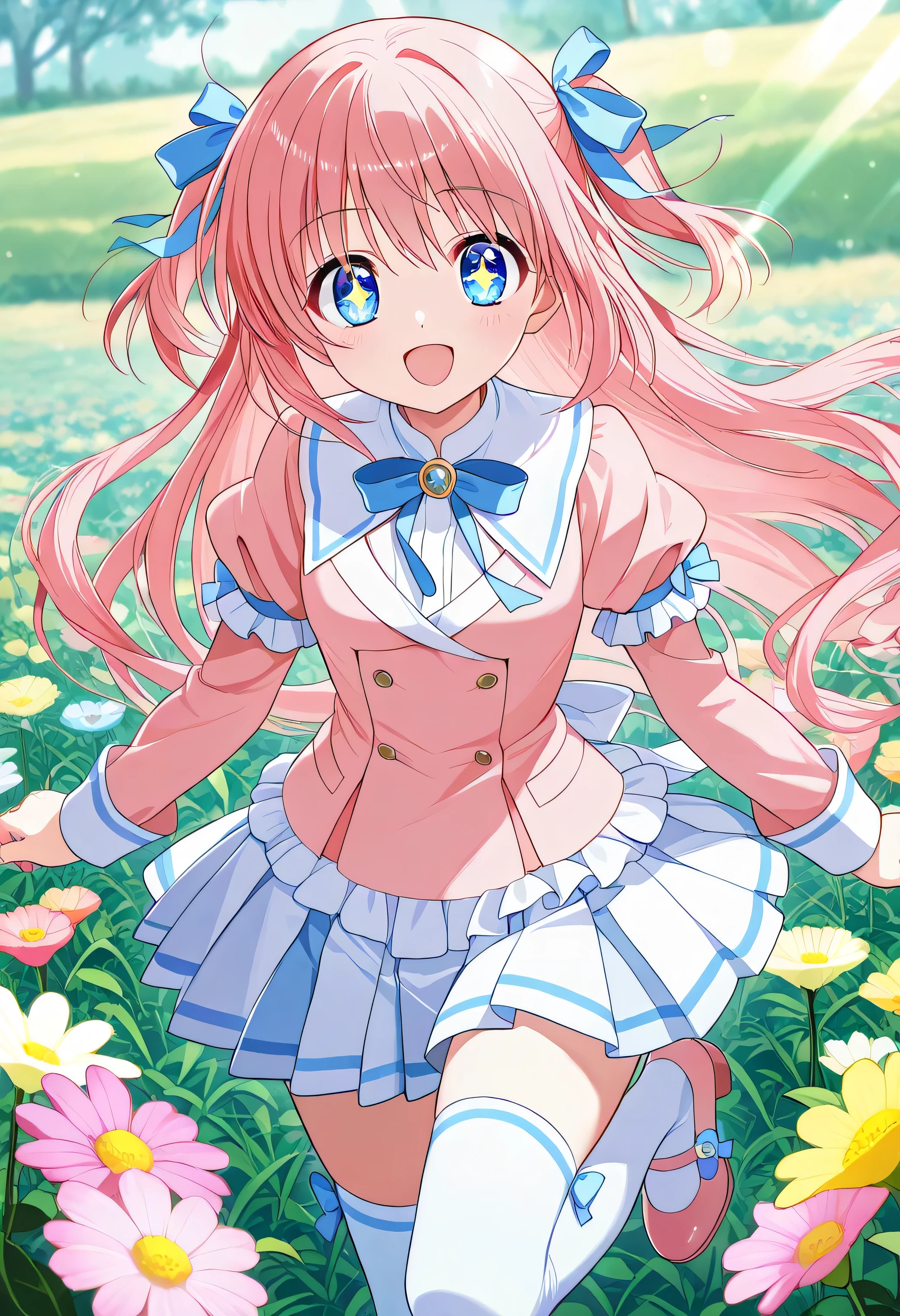 "A beautiful 20-year-old anime girl with soft, wavy pastel-pink hair that flows gently in the breeze. She wears an adorable outfit consisting of a frilly white blouse with puffed sleeves, a short pastel-blue pleated mini skirt, and knee-high socks paired with cute ribbon-adorned shoes. Her large, sparkling eyes radiate warmth and happiness as she twirls playfully in a field of blooming flowers. The soft sunlight casts a dreamy glow on her, enhancing the charming and vibrant anime aesthetic with delicate pastel tones and intricate details."

