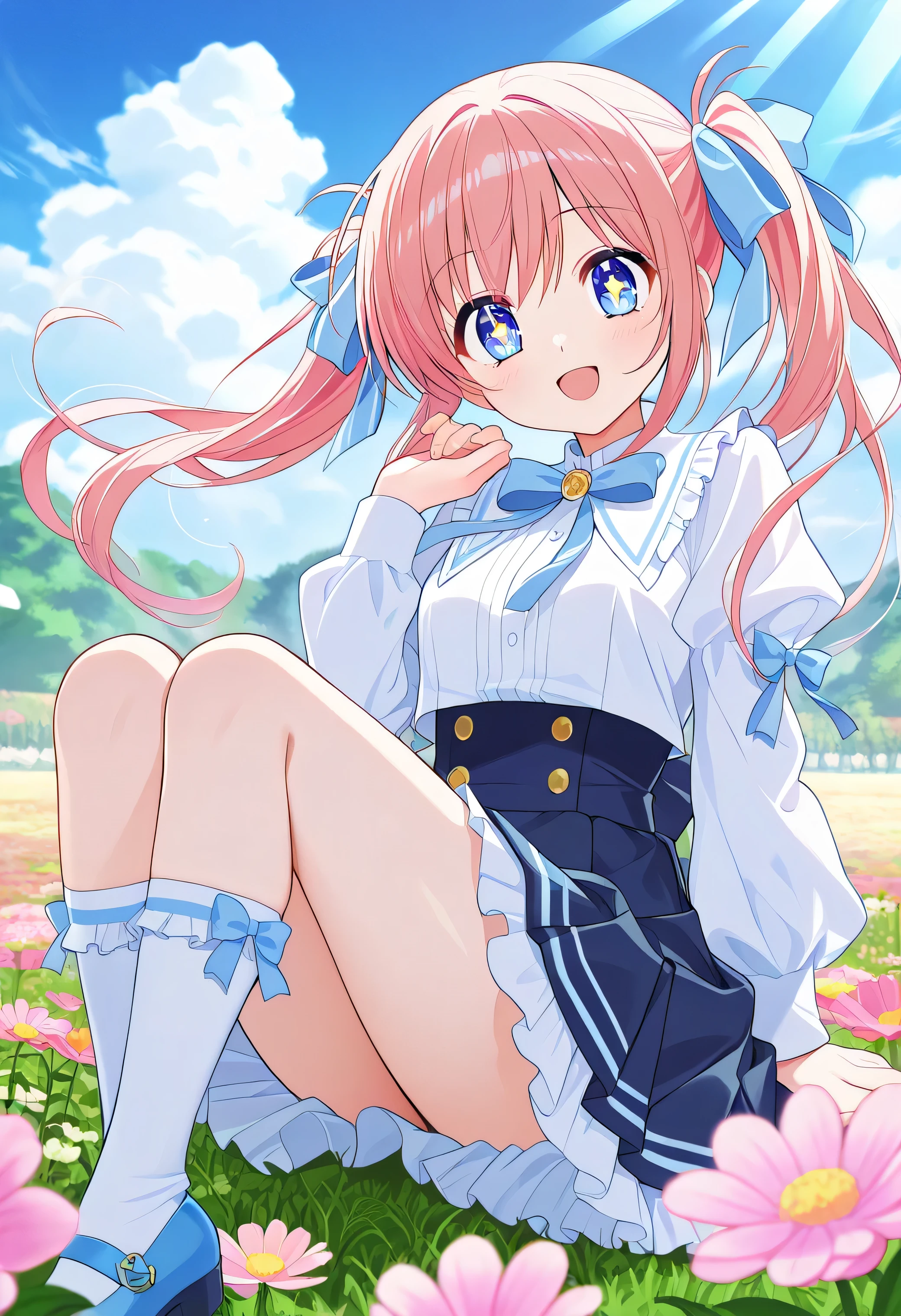 "A beautiful 20-year-old anime girl with soft, wavy pastel-pink hair that flows gently in the breeze. She wears an adorable outfit consisting of a frilly white blouse with puffed sleeves, a short pastel-blue pleated mini skirt, and knee-high socks paired with cute ribbon-adorned shoes. Her large, sparkling eyes radiate warmth and happiness as she twirls playfully in a field of blooming flowers. The soft sunlight casts a dreamy glow on her, enhancing the charming and vibrant anime aesthetic with delicate pastel tones and intricate details."