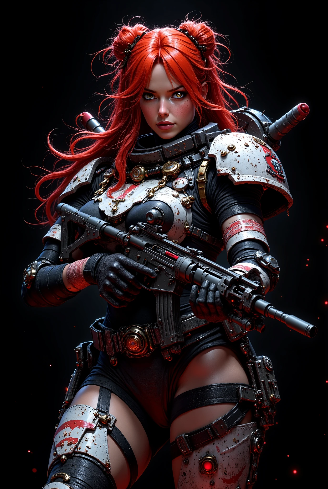 ((artwork, highest quality, A maximum image quality, high resolution, photorealistic, CRU photo, 8k)),(best quality, 4k, high resolution, masterpiece: 1.2), ultra detailed, (realistic, photorealistic: 1.37), creates a perfect image of a futuristic space marine girl, image of the bust from the head to the waist, heavy tactical assault combat suit, parts of the combat suit are made of black and gray carbon fiber, suit in bright white and gray, dirty and worn by combat, very technological, perfect image, 8k, of a woman with orange-red hair with two buns on each side of her head, very long and disheveled hair, with bangs, very detailed hair, futuristic black microphone headphones, greenish-gray eyes, detailed and beautiful eyes, very realistic and inquisitive eyes, very beautiful, divine beauty, long eyelashes, thick and pink lips, wet lips and half-open, calm and relaxed expression, she is a warrior woman, stares into the camera lens, highly detailed skin, massive breasts, sagging breasts, forearm and wrist guards with light armor, flat abdomen. She wields a Heckler & Koch G36 assault submachine gun with x4 reflex sight and silencer. Right arm with a bandage with blood from a wound, bullet impacts on her armor. She carries grenades and spare ammunition. Belts with extra ammunition, She is preparing for another furious combat, 8k resolution. Defiant side pose to observer, Dynamic pose. Image with pure black background ideal for wallpaper.