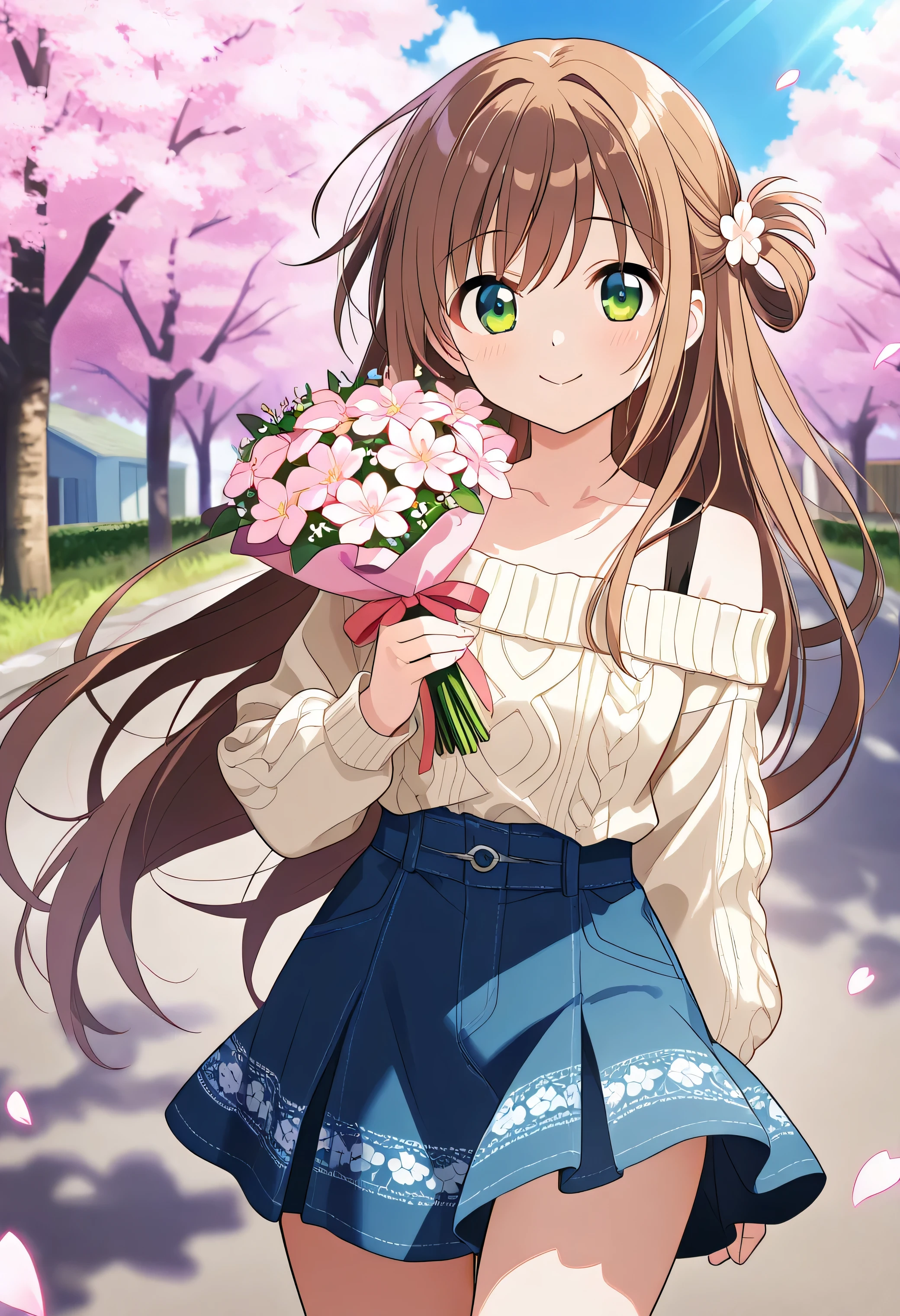 "A cheerful and charming 20-year-old anime girl with long, flowing chestnut-brown hair tied in a loose half-up hairstyle, wearing a cute and feminine outfit—a light beige, off-shoulder knitted sweater tucked into a flared floral-patterned mini skirt. Her playful expression is highlighted by her big, expressive green eyes as she holds a small bouquet of wildflowers. The setting is a peaceful countryside road lined with cherry blossoms, with soft petals drifting in the wind. The warm sunlight and gentle breeze create a beautifully serene and heartwarming anime-style illustration."