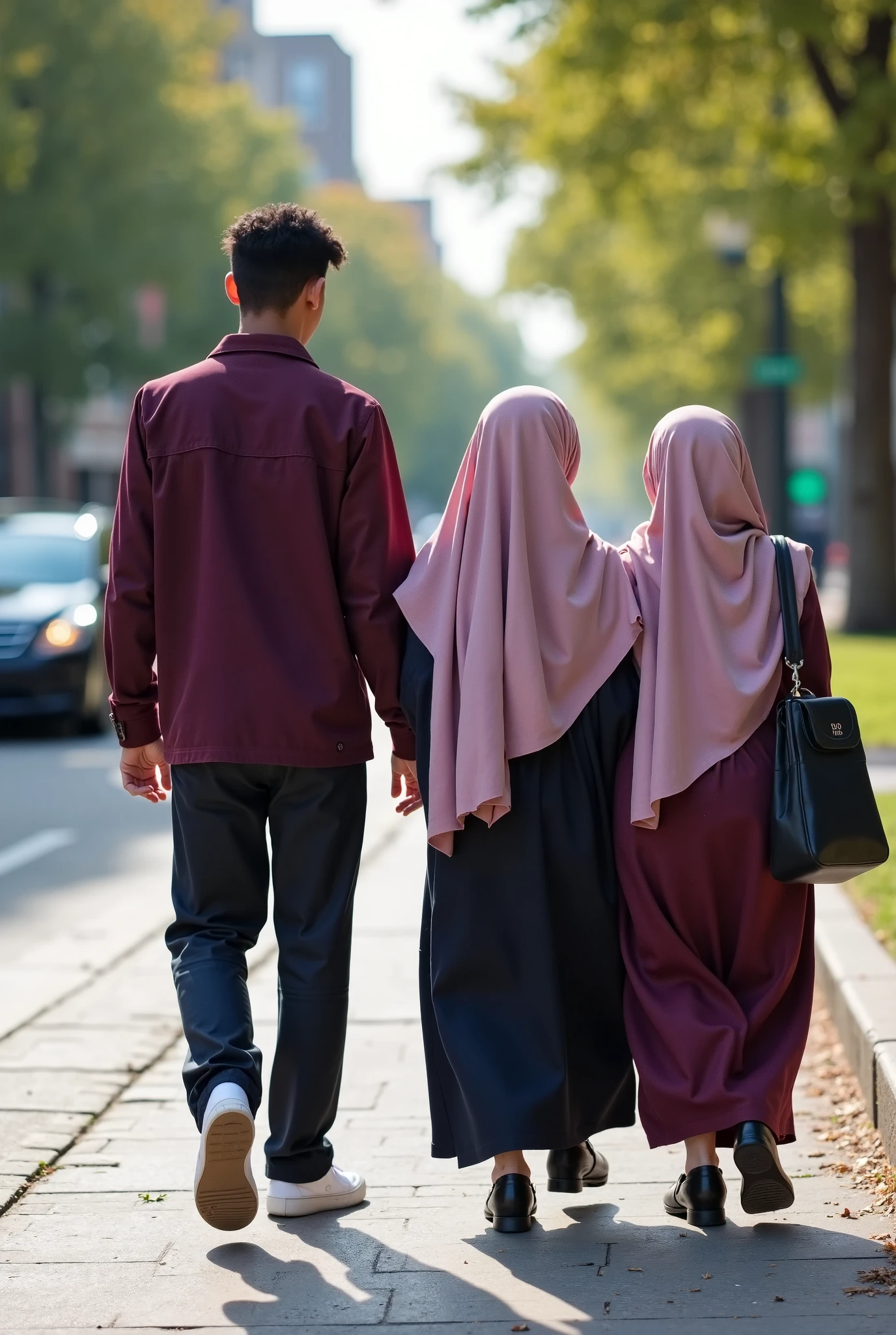 A headscarf-wearing woman walking around the neighborhood with her lover, black sweatpants, Barefoot woman watched by male neighbors