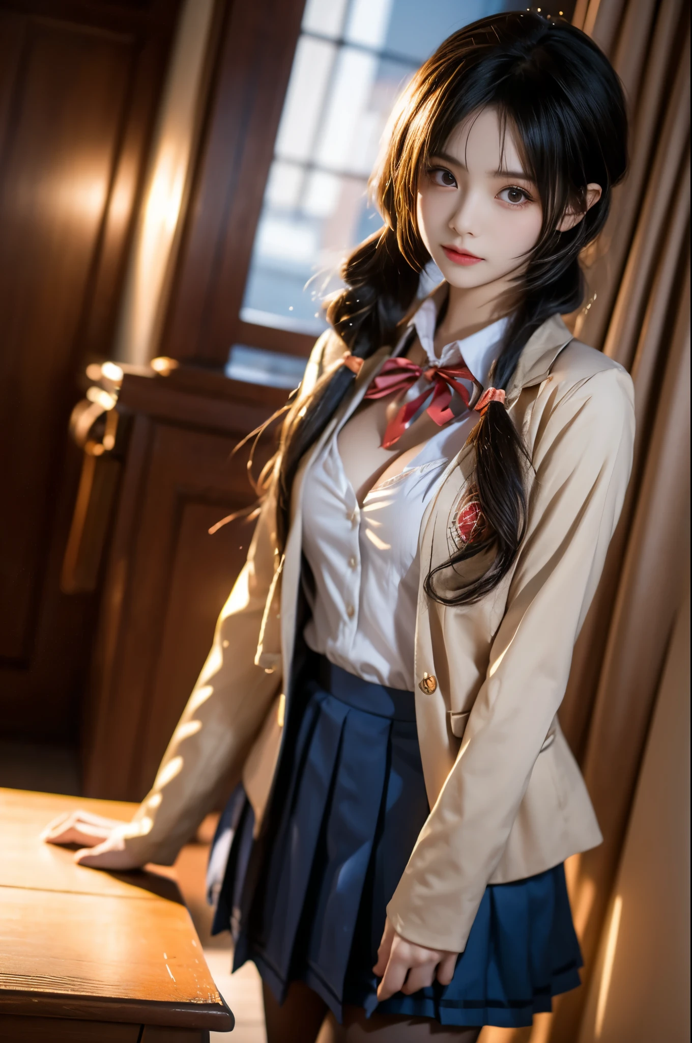tokisaki kurumi
sobu high school uniform
cosplay,
school uniform, blazer, collared shirt, neck ribbon, pleated skirt, pantyhose, hair rings, loafers,
hair over one eye, low twintails,
,,(photorealistic:1.3), (cowboy shot:1.4), (ultra detailed:1.2), (high quality:1.2), beautiful woman, sexy long legs model, natural and comfortable pose, (Full bust, visible cleavage, very short hemline), (random scene:1.1), (random shooting angle:1.1), (romantic aesthetic:1.2), (soft lighting:1.1), (intricate details:1.1), (depth of field:0.8), (bokeh:0.7), (cinematic lighting:0.9), (sharp focus:0.9), (vibrant colors:0.8), (hyperrealism:0.7), (masterpiece:1.0), (best quality:1.0)