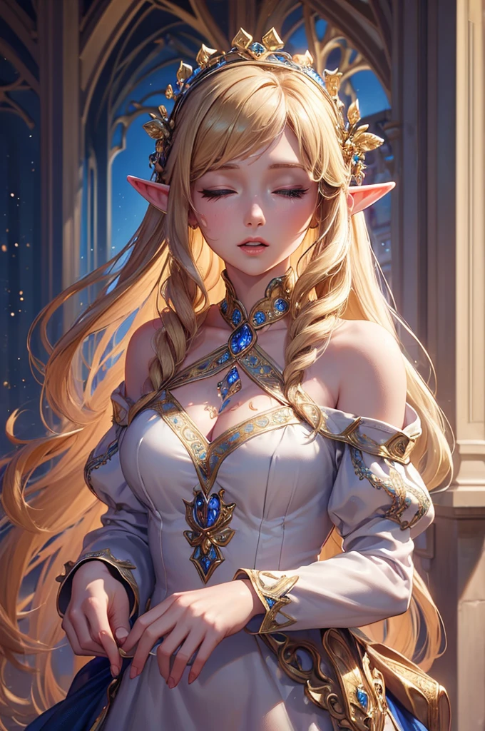 beautiful elf lady, solo, simple white vest long dress, white jumpsuit, blonde hair magician girl, magic circle floating on top, colourful magic circle, magic wishing, crystal columns, cloud and fog, Love and magic, heart, outdoor, Fantasy and reality