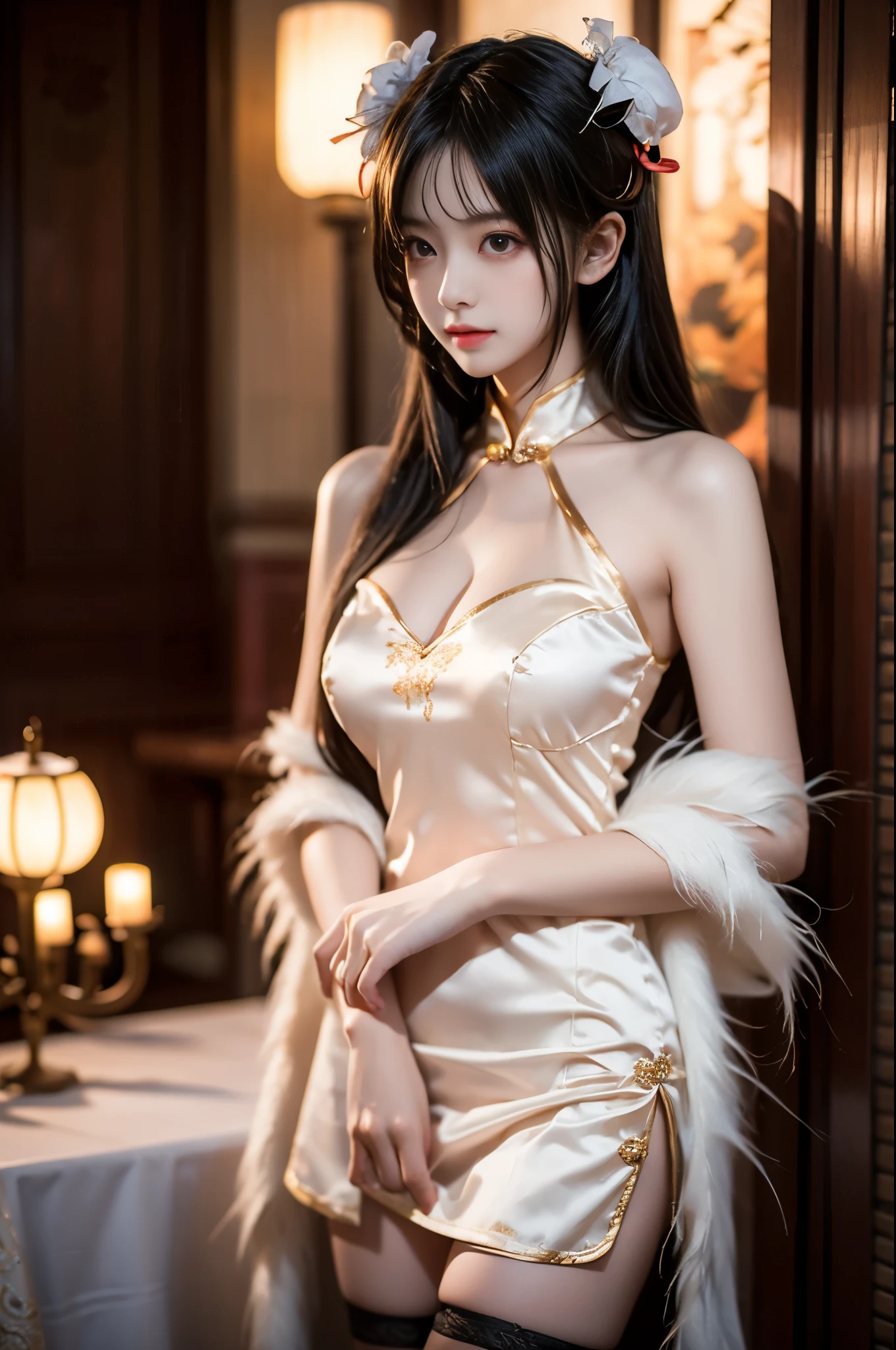 tokisaki kurumi, 1girl, solo,cosplay,
bare shoulders, chinese clothes, feather shawl, china dress, fur trim shawl, lace-trimmed thighhighs,
hair over one eye, long hair, double bun, hair bun, bun cover,
,,(photorealistic:1.3), (cowboy shot:1.4), (ultra detailed:1.2), (high quality:1.2), beautiful woman, sexy long legs model, natural and comfortable pose, (Full bust, visible cleavage, very short hemline), (random scene:1.1), (random shooting angle:1.1), (romantic aesthetic:1.2), (soft lighting:1.1), (intricate details:1.1), (depth of field:0.8), (bokeh:0.7), (cinematic lighting:0.9), (sharp focus:0.9), (vibrant colors:0.8), (hyperrealism:0.7), (masterpiece:1.0), (best quality:1.0)