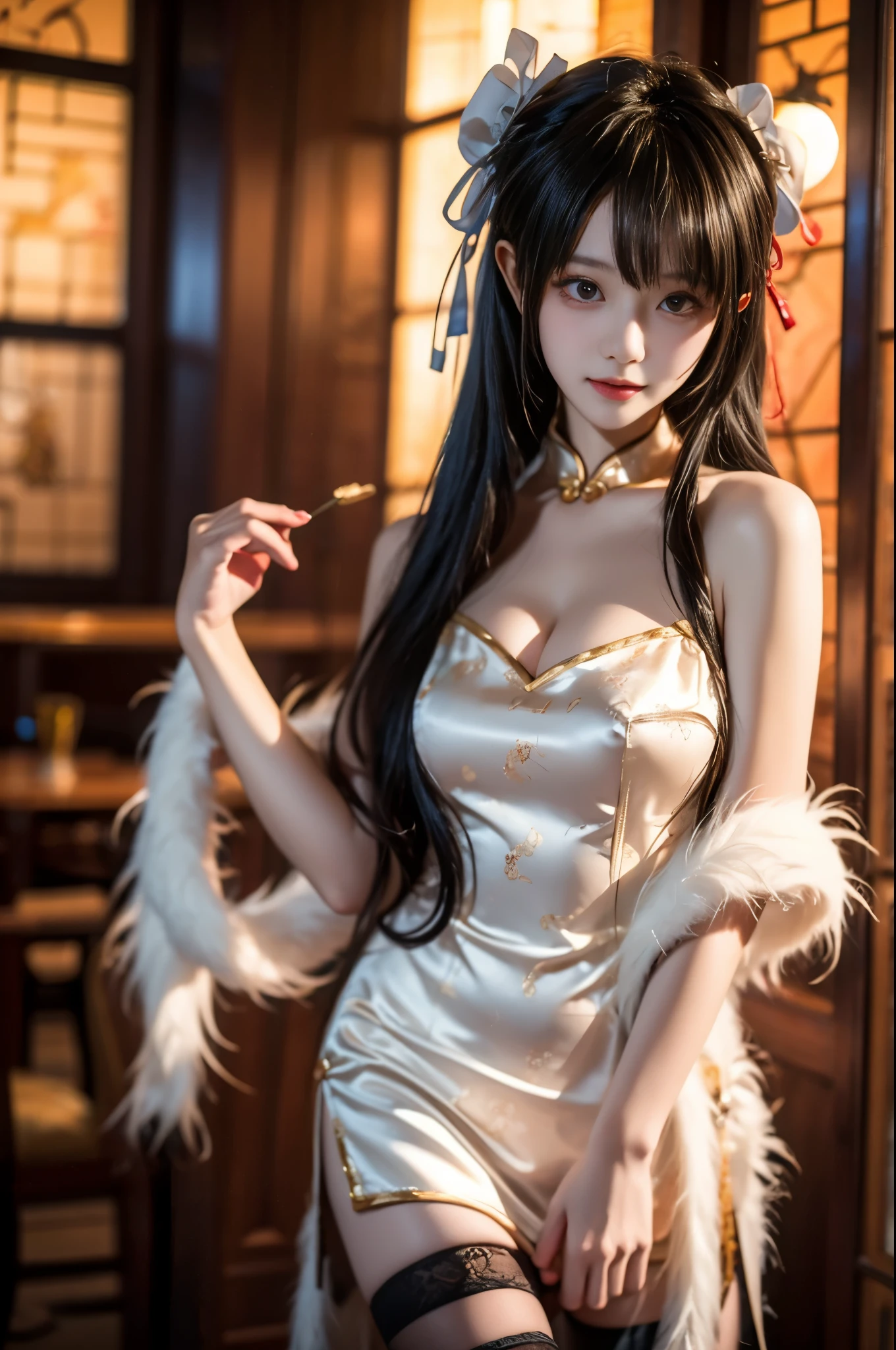 tokisaki kurumi, 1girl, solo,cosplay,
bare shoulders, chinese clothes, feather shawl, china dress, fur trim shawl, lace-trimmed thighhighs,
hair over one eye, long hair, double bun, hair bun, bun cover,
,,(photorealistic:1.3), (cowboy shot:1.4), (ultra detailed:1.2), (high quality:1.2), beautiful woman, sexy long legs model, natural and comfortable pose, (Full bust, visible cleavage, very short hemline), (random scene:1.1), (random shooting angle:1.1), (romantic aesthetic:1.2), (soft lighting:1.1), (intricate details:1.1), (depth of field:0.8), (bokeh:0.7), (cinematic lighting:0.9), (sharp focus:0.9), (vibrant colors:0.8), (hyperrealism:0.7), (masterpiece:1.0), (best quality:1.0)