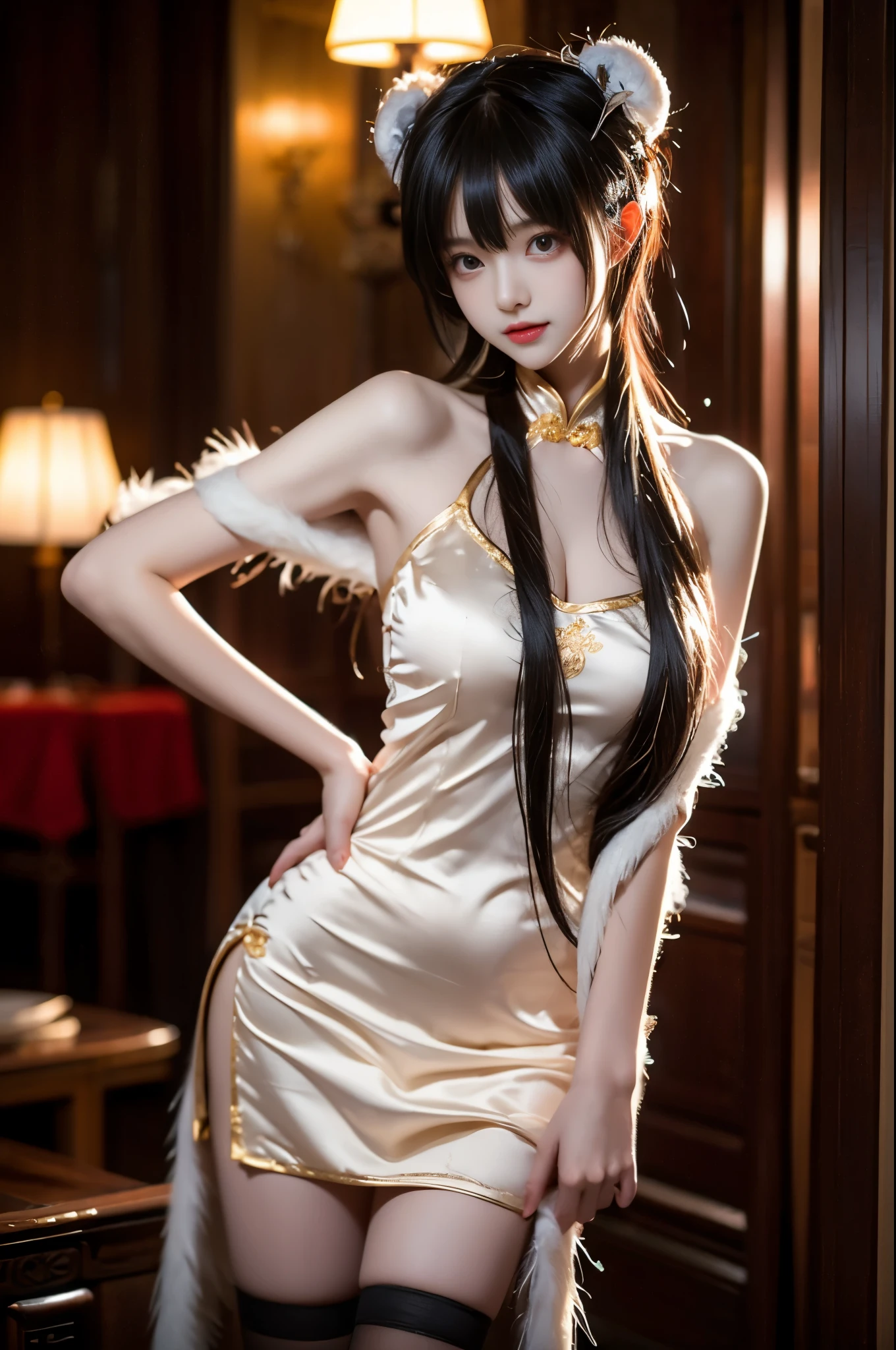 tokisaki kurumi, 1girl, solo,cosplay,
bare shoulders, chinese clothes, feather shawl, china dress, fur trim shawl, lace-trimmed thighhighs,
hair over one eye, long hair, double bun, hair bun, bun cover,
,,(photorealistic:1.3), (cowboy shot:1.4), (ultra detailed:1.2), (high quality:1.2), beautiful woman, sexy long legs model, natural and comfortable pose, (Full bust, visible cleavage, very short hemline), (random scene:1.1), (random shooting angle:1.1), (romantic aesthetic:1.2), (soft lighting:1.1), (intricate details:1.1), (depth of field:0.8), (bokeh:0.7), (cinematic lighting:0.9), (sharp focus:0.9), (vibrant colors:0.8), (hyperrealism:0.7), (masterpiece:1.0), (best quality:1.0)