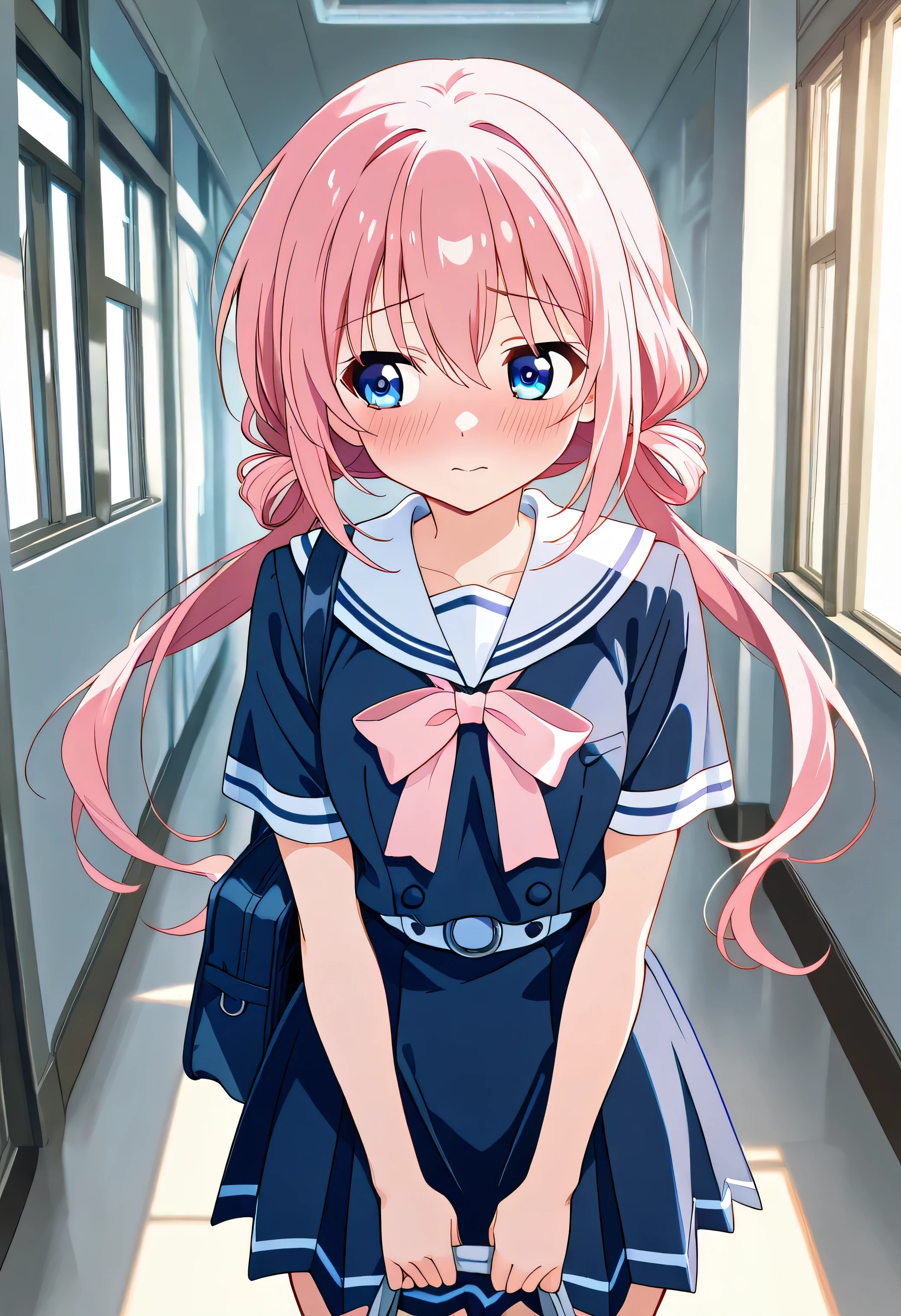 "A shy yet charming 20-year-old anime girl with soft pastel-pink hair styled into two low twintails, wearing a traditional white and navy-blue sailor uniform with a light pink ribbon. She gently holds her schoolbag in front of her, blushing slightly as she looks away, standing in a quiet school hallway bathed in warm afternoon light. The soft glow from the windows casts a dreamy and nostalgic atmosphere, capturing the essence of youth and innocence in a delicate anime illustration."白いパンティーが見える