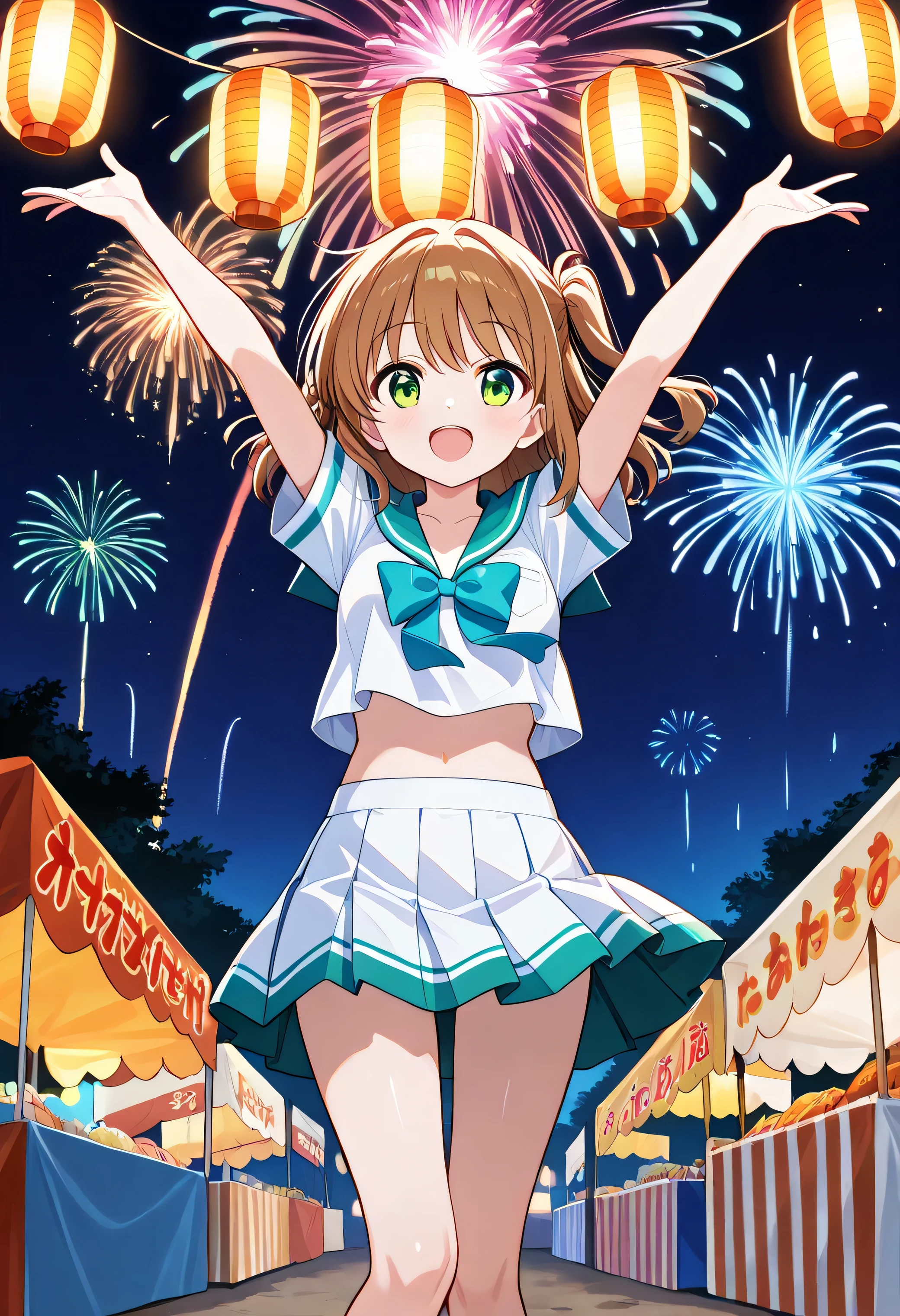 "A lively and energetic 20-year-old anime girl with short, wavy, golden-brown hair and bright green eyes, wearing a modernized sailor uniform with a cropped top and pleated skirt, giving her a sporty and playful look. She is mid-jump, arms wide open, as she laughs joyfully in front of a summer festival scene with glowing lanterns, food stalls, and a firework-filled sky. The illustration is vibrant and dynamic, bursting with color and movement, capturing the excitement of a warm summer night."白いパンティーが見える