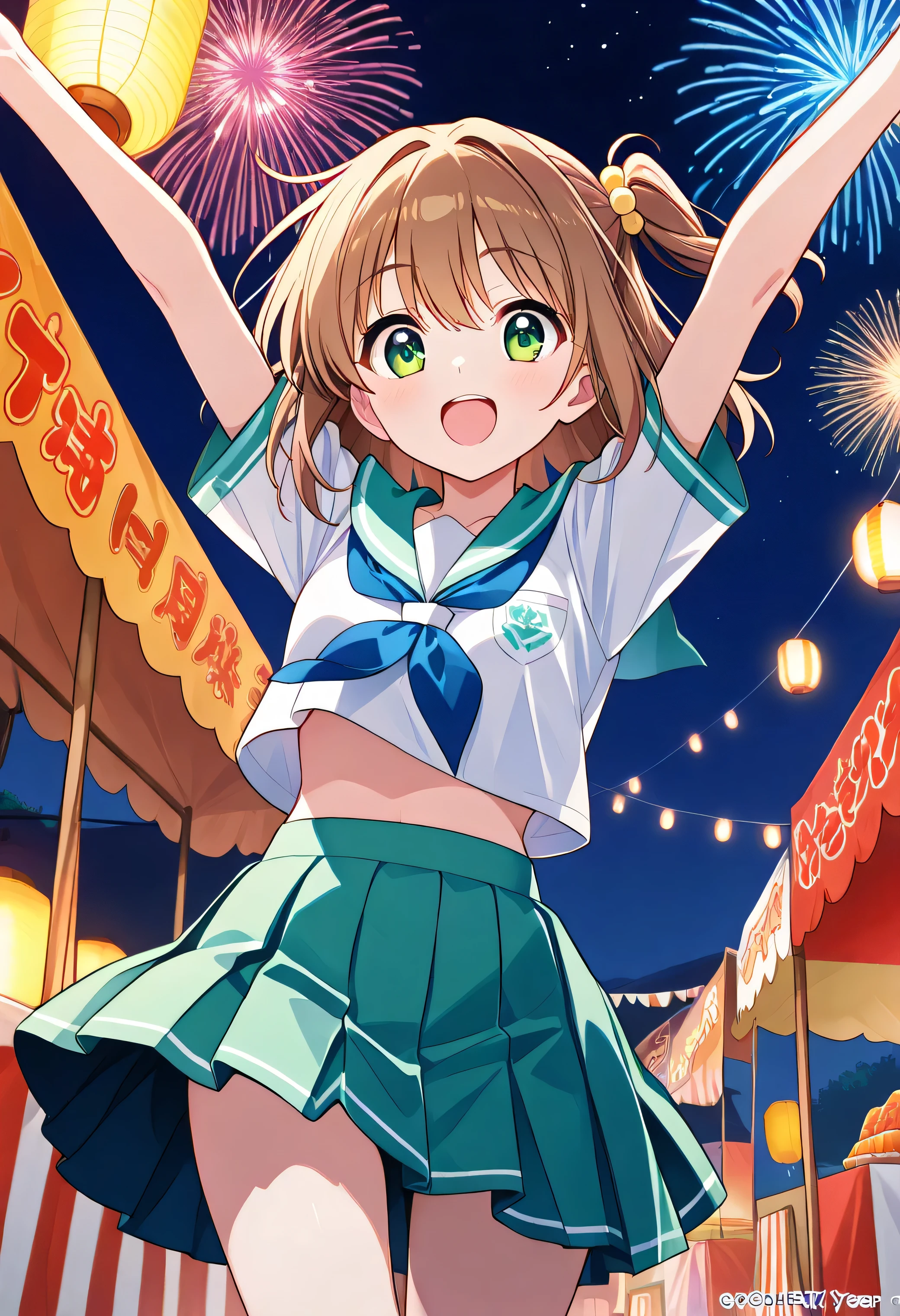 "A lively and energetic 20-year-old anime girl with short, wavy, golden-brown hair and bright green eyes, wearing a modernized sailor uniform with a cropped top and pleated skirt, giving her a sporty and playful look. She is mid-jump, arms wide open, as she laughs joyfully in front of a summer festival scene with glowing lanterns, food stalls, and a firework-filled sky. The illustration is vibrant and dynamic, bursting with color and movement, capturing the excitement of a warm summer night."白いパンティーが見える