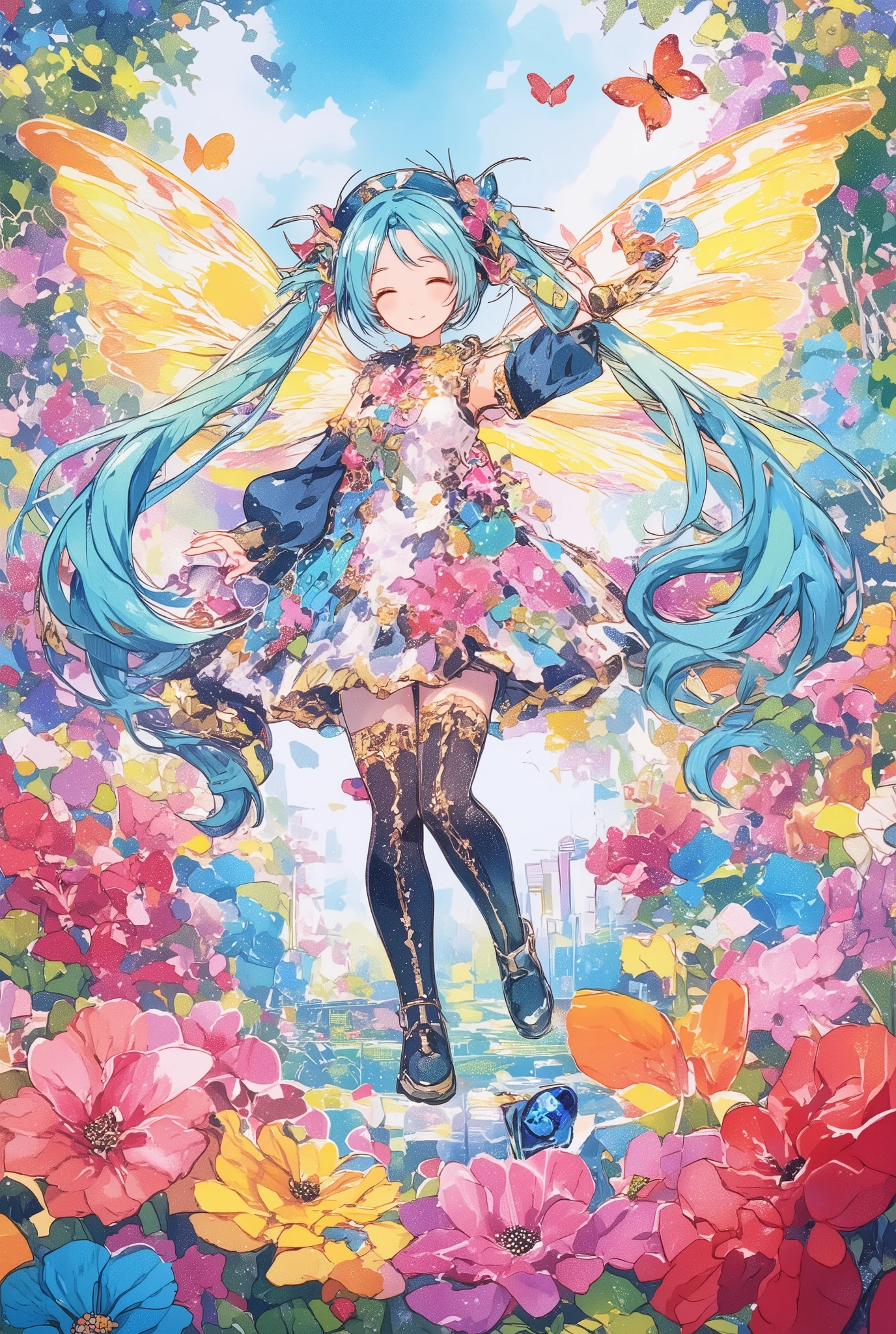 ( masterpiece、 top quality、 top quality、official art、 beautiful and beautiful :1.2)、(one girl:1.3) Hatsune Miku、twin tails, beautiful breasts,multiple views, pencil happentch, (happentch:1.25), best quality, Graphite \\(medium\\), happen, gradation , rainbow, Note, Line Draft, High Resolution, Absard Dress, (超High Resolution:1.1), ( illustration of a woman with a penis :1.1), ( Infographic:1.2), pajamas, (Coherent Background :1.15), (Alone), perfectly drawn hands , standing, cohesive background , paper, action, (character design:1.1),
Guzzling ,
Full, twin tails, 1 girl, A girl in a beautiful fairy costume, She becomes an idol and sings surrounded by flowers and butterflies.. ((Hold the flower microphone)), sing, content:watercolor. style: Quirky and Delicate , ren's'Book.