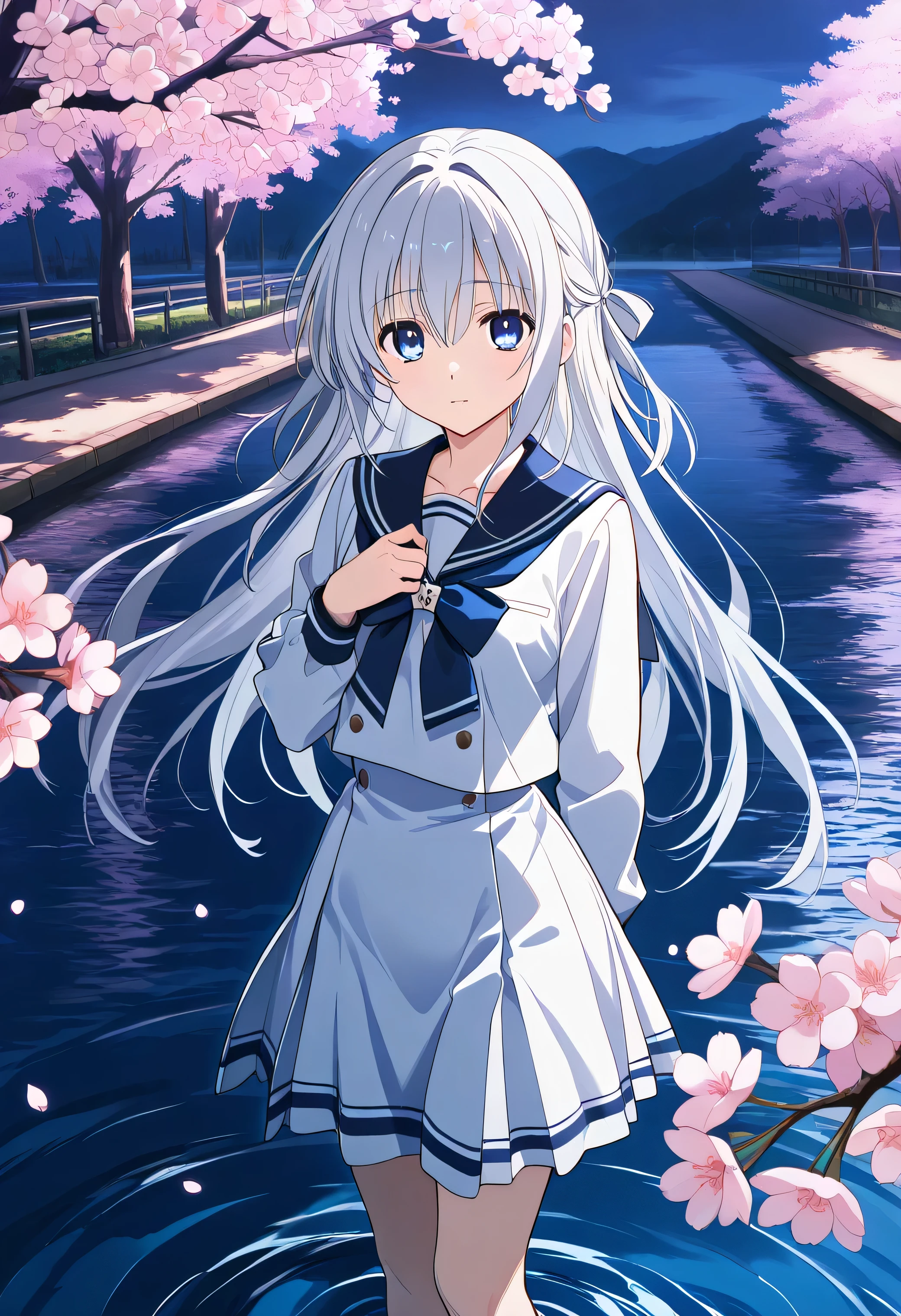 "A melancholic yet graceful 20-year-old anime girl with silver hair and deep blue eyes, wearing a traditional sailor uniform with a dark navy theme, giving off a mysterious aura. She stands alone by a quiet riverbank at dusk, cherry blossoms floating gently on the water. Her expression is wistful as she clutches a small notebook to her chest, lost in thought. The illustration is rendered in a soft, painterly anime style, evoking a deep sense of nostalgia and longing."白いパンティーが見える