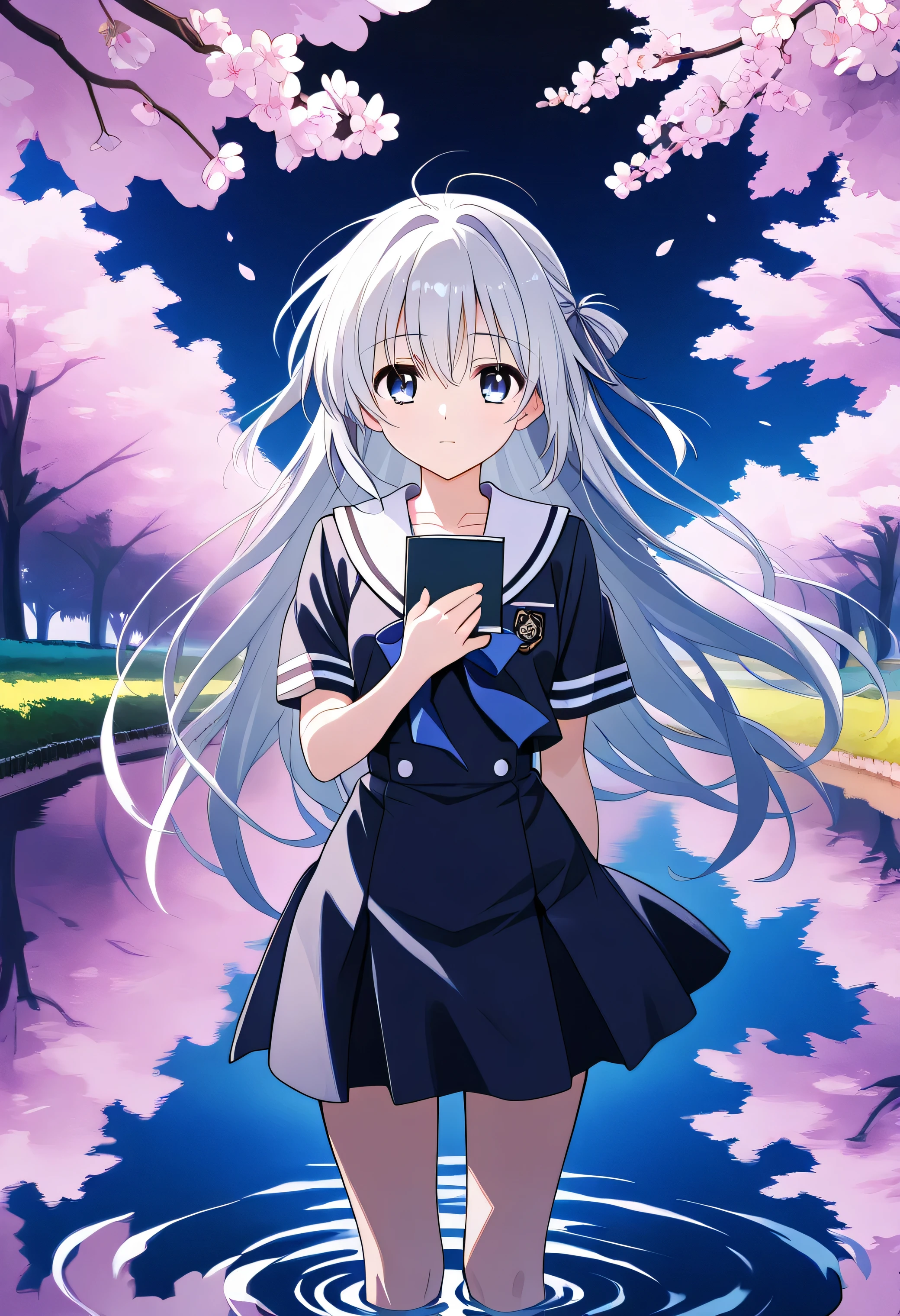 "A melancholic yet graceful 20-year-old anime girl with silver hair and deep blue eyes, wearing a traditional sailor uniform with a dark navy theme, giving off a mysterious aura. She stands alone by a quiet riverbank at dusk, cherry blossoms floating gently on the water. Her expression is wistful as she clutches a small notebook to her chest, lost in thought. The illustration is rendered in a soft, painterly anime style, evoking a deep sense of nostalgia and longing."白いパンティーが見える