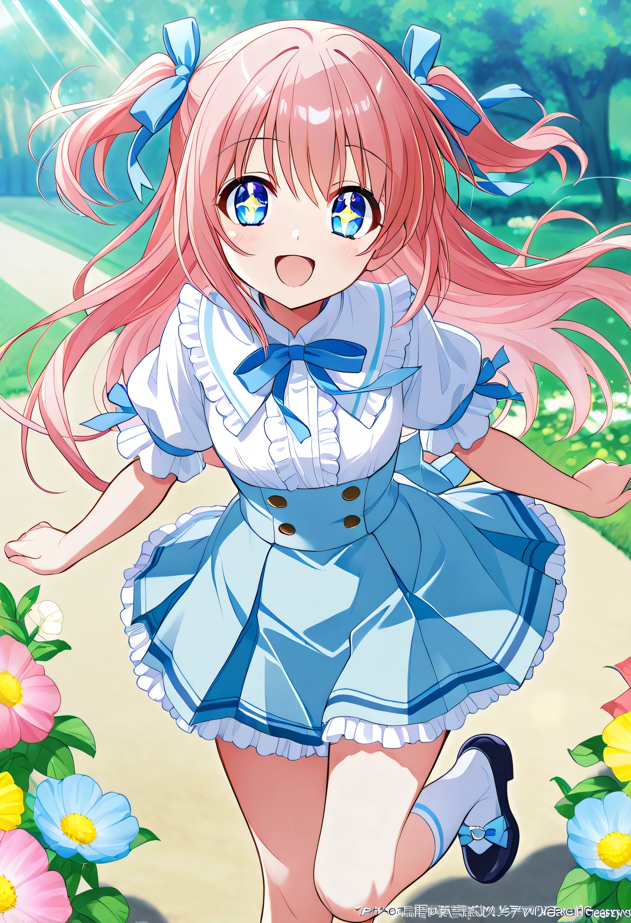 "A beautiful 20-year-old anime girl with soft, wavy pastel-pink hair that flows gently in the breeze. She wears an adorable outfit consisting of a frilly white blouse with puffed sleeves, a short pastel-blue pleated mini skirt, and knee-high socks paired with cute ribbon-adorned shoes. Her large, sparkling eyes radiate warmth and happiness as she twirls playfully in a field of blooming flowers. The soft sunlight casts a dreamy glow on her, enhancing the charming and vibrant anime aesthetic with delicate pastel tones and intricate details."白いパンティーが見える