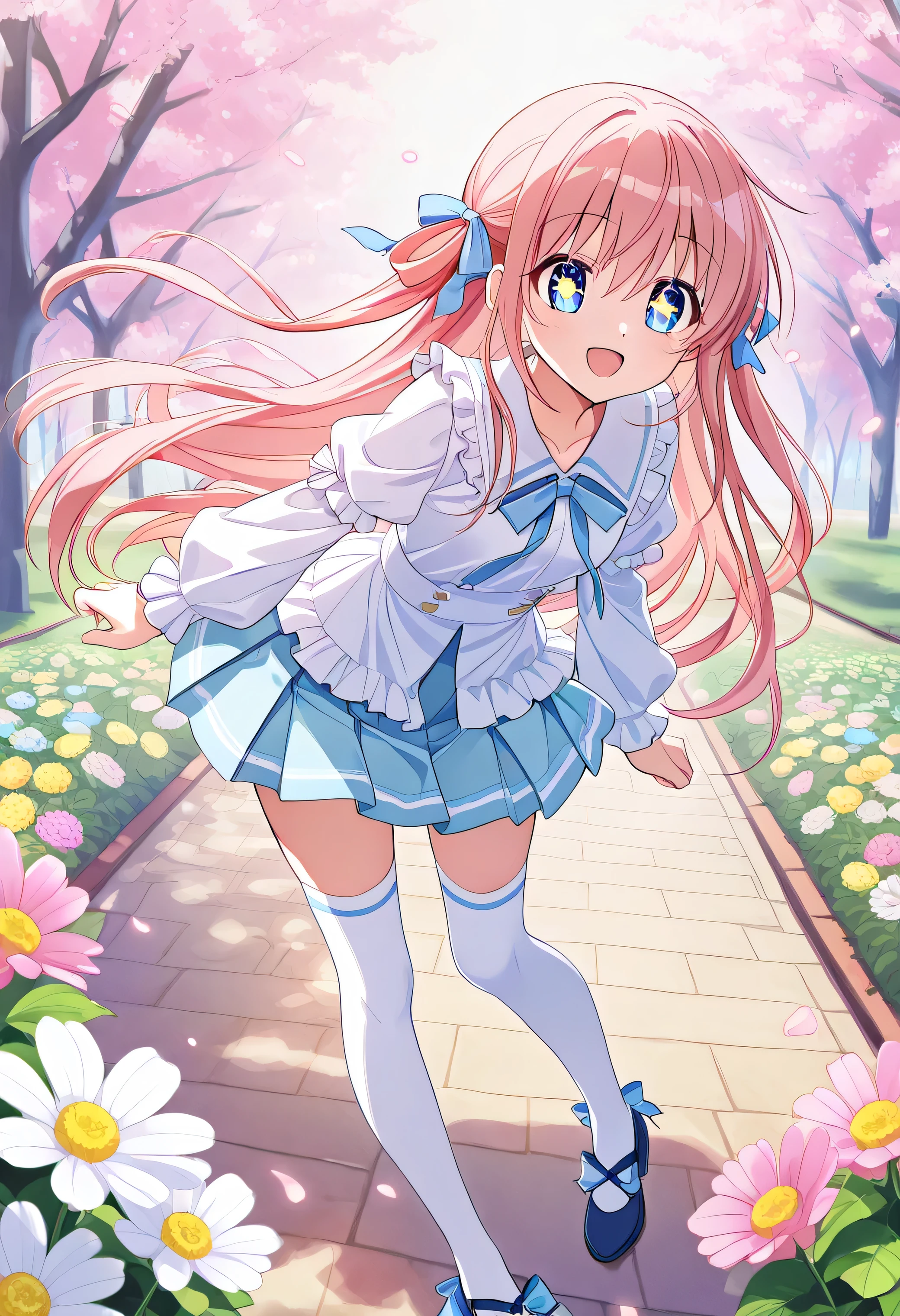 "A beautiful 20-year-old anime girl with soft, wavy pastel-pink hair that flows gently in the breeze. She wears an adorable outfit consisting of a frilly white blouse with puffed sleeves, a short pastel-blue pleated mini skirt, and knee-high socks paired with cute ribbon-adorned shoes. Her large, sparkling eyes radiate warmth and happiness as she twirls playfully in a field of blooming flowers. The soft sunlight casts a dreamy glow on her, enhancing the charming and vibrant anime aesthetic with delicate pastel tones and intricate details."白いパンティーが見える