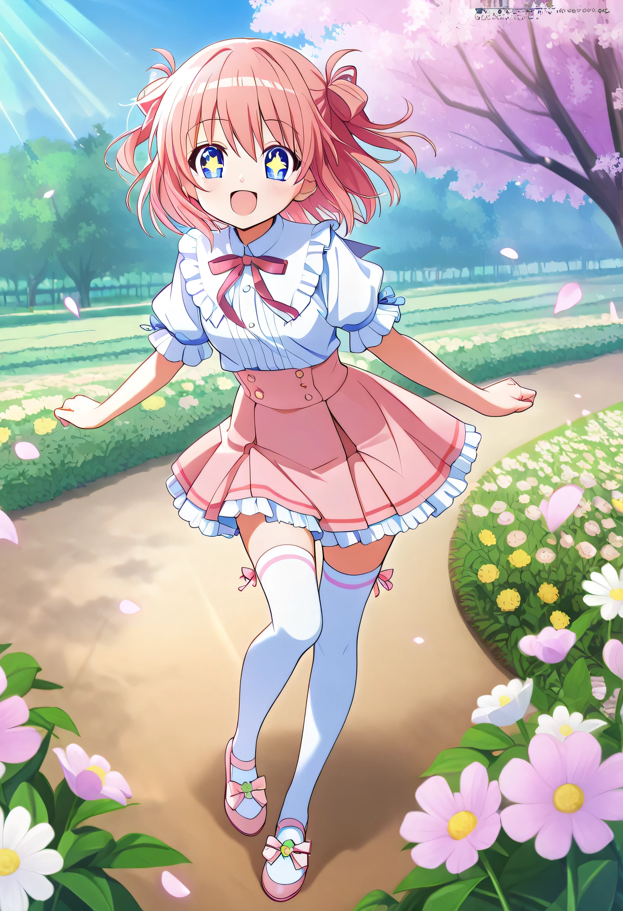 "A beautiful 20-year-old anime girl with soft, wavy pastel-pink hair that flows gently in the breeze. She wears an adorable outfit consisting of a frilly white blouse with puffed sleeves, a short pastel-blue pleated mini skirt, and knee-high socks paired with cute ribbon-adorned shoes. Her large, sparkling eyes radiate warmth and happiness as she twirls playfully in a field of blooming flowers. The soft sunlight casts a dreamy glow on her, enhancing the charming and vibrant anime aesthetic with delicate pastel tones and intricate details."白いパンティーが見える