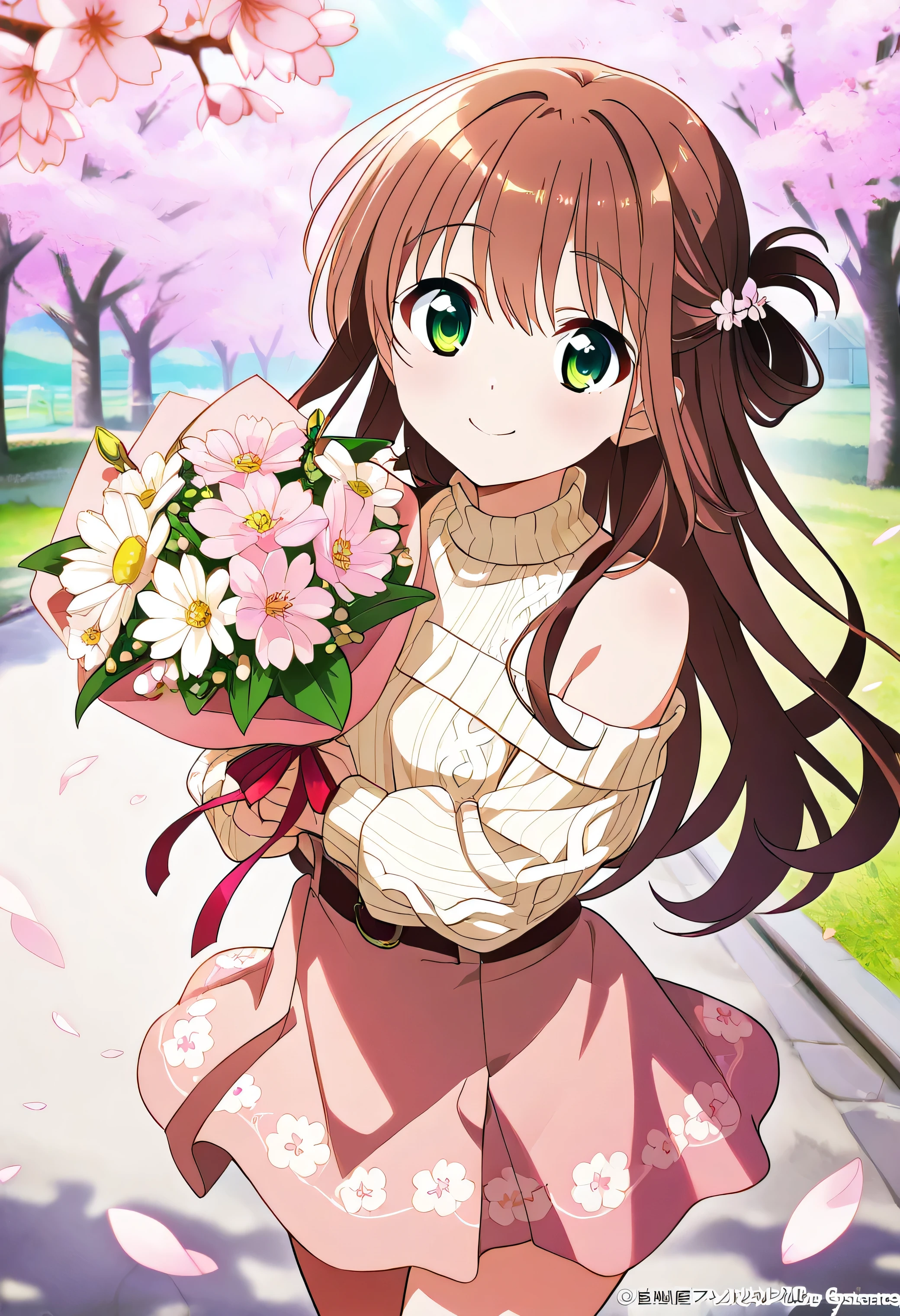 "A cheerful and charming 20-year-old anime girl with long, flowing chestnut-brown hair tied in a loose half-up hairstyle, wearing a cute and feminine outfit—a light beige, off-shoulder knitted sweater tucked into a flared floral-patterned mini skirt. Her playful expression is highlighted by her big, expressive green eyes as she holds a small bouquet of wildflowers. The setting is a peaceful countryside road lined with cherry blossoms, with soft petals drifting in the wind. The warm sunlight and gentle breeze create a beautifully serene and heartwarming anime-style illustration."白いパンティーが見える
