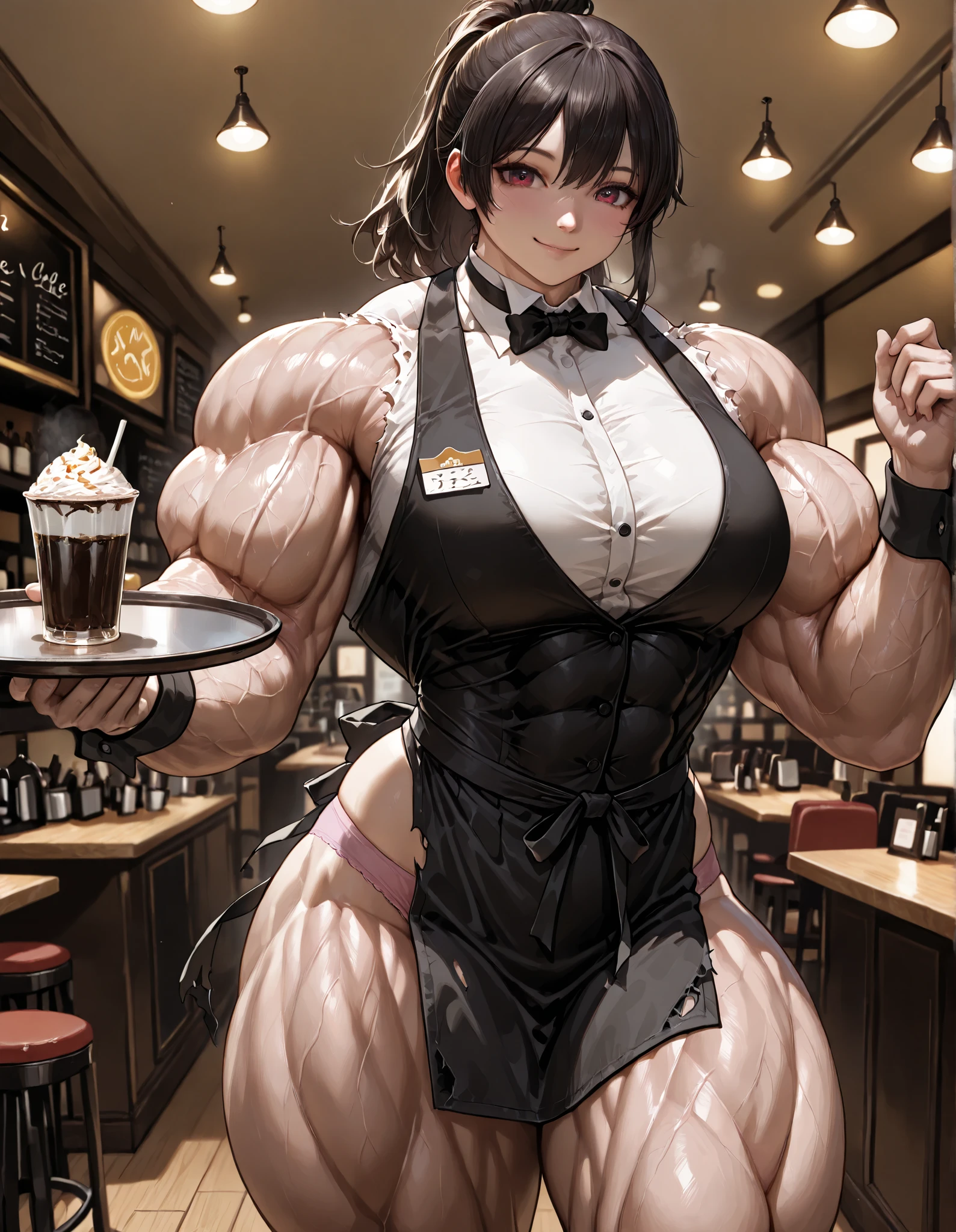 best quality, masterpiece, ultra-detailed, 8k resolution, young female waiter, wearing black vest and black apron,pink panties, smile,incoming drink ,biceps,torn clothes,thick arm, standing in café, , realistic lighting, detailed skin texture, warm atmosphere, cinematic composition, sharp focus, no blur, soft shadows, ,(hyper muscle,muscular female,muscular,thick thighs),smile