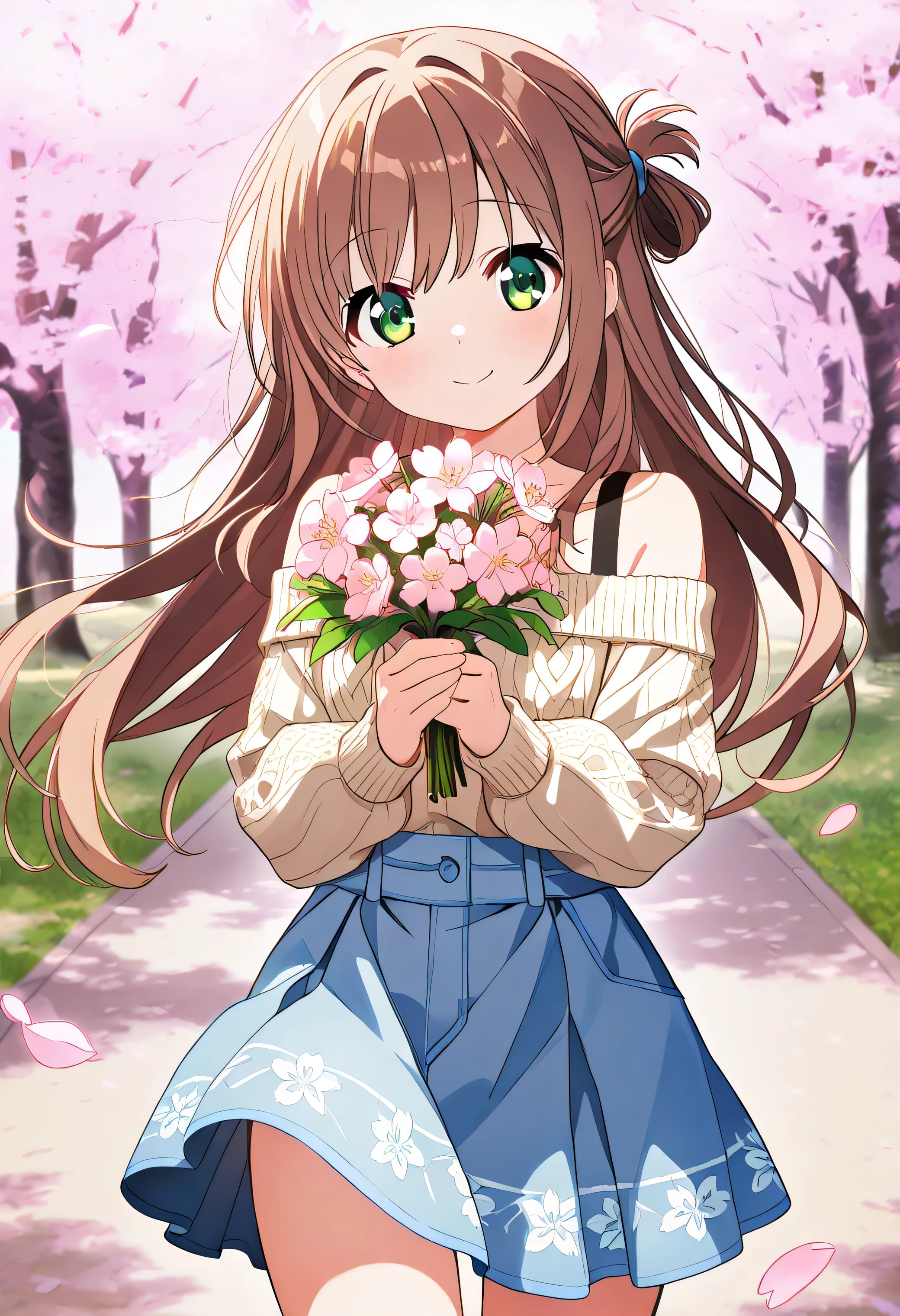 "A cheerful and charming 20-year-old anime girl with long, flowing chestnut-brown hair tied in a loose half-up hairstyle, wearing a cute and feminine outfit—a light beige, off-shoulder knitted sweater tucked into a flared floral-patterned mini skirt. Her playful expression is highlighted by her big, expressive green eyes as she holds a small bouquet of wildflowers. The setting is a peaceful countryside road lined with cherry blossoms, with soft petals drifting in the wind. The warm sunlight and gentle breeze create a beautifully serene and heartwarming anime-style illustration."白いパンティーが見える