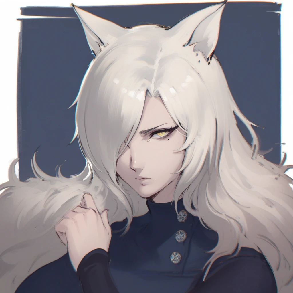 score_9, score_8_up, score_7_up,   fabiennemrf, 1girl, animal ears, white hair, pale gray skin, long hair, yellow eyes, hair over one eye, mole under eye, portrait, black dress, turtleneck, looking at viewer, standing, one hand on hip, head tilt, concerned and flustered look, seductive HEAD TILT, confused, sexy milf