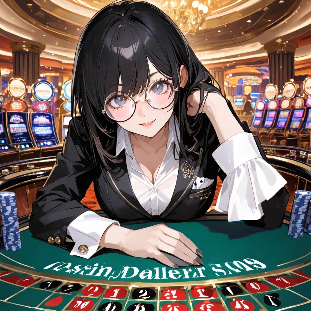 Floating card tricks in the casino world, Exquisite details and atmospheric atmosphere, Rich colors and masterpiece-level realism, Highly detailed 8K HDR images.Modern attire,A girl with a bright expression