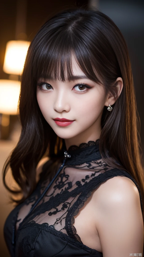 2girls、best quality、ultra-detailed、4k、Japanese、Seductive beauty、seductive adult woman、Pretty Woman、cool girl、Villainess、Brainwashed、brainwash、Fallen into evil、smirk、Evil look、Wicked Smile、evil、Brown hair、wavy hair、swept bangs、dark makeup、dark makeup、piercing eyes、hollow eyes,half-closed eyes、Hollow Eyes、Purple Eyeshadow、black lipstick、black lipglos、Long Black Cheongsam、Wide sleeves、night、inside church、makeup brush、Are standing、Be surprised