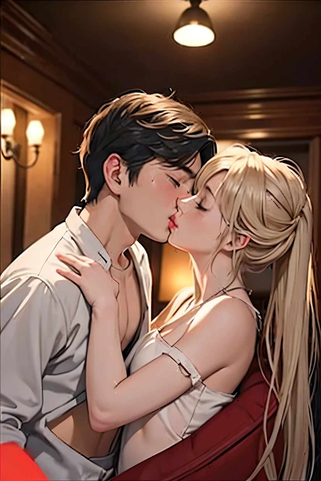 Young boy shirtless kissing woman wearing unbuttoned sheer white shirt and sexy red lingerie underneath, intense scene, dark room, one lamp, warm lighting, very erotic, sweaty, lustful, passionate, making out