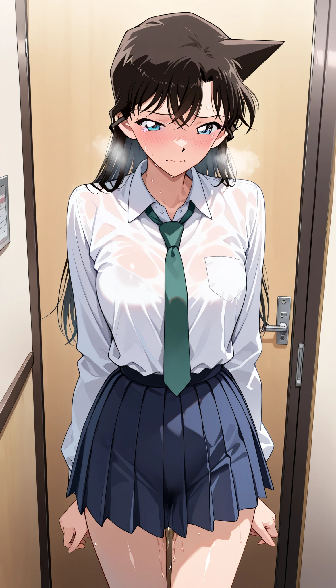 (masterpiece,best quality:1.2,amazing quality,very aesthetic,absurdres,newest),full-color,Alone,(mouri ran ),meitantei conan,1woman,(adult),(very small head:1.2),medium breasts,(ideal ratio body proportions:1.2,slender body:1.3,thin:1.2),black long hair,embarrassed,tears,rough breathing,shiny skin,heavy sweat,school uniform,white collared shirt, Long Sleeve,,green tie,dark blue pleated miniskirt,pussy juice,(I'm putting up with the urge to urinate:1.3),standing,,Single room for women、