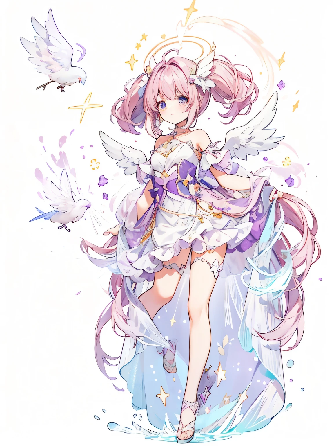 nauty,A chubby chibi girl with **pure white skin** and **pink-purple gradient hair** (baby pink at roots, eggplant purple at tips), wearing a **pastel monochrome outfit**. 
She floats surrounded by **vibrant pink-purple stars** each with **white feathery wings**, forming a constellation around her. 
The stars range in size from tiny glowing dots to medium-sized orbs with swirling patterns, their wings fluttering like snowflakes in slow motion. 
Some stars connect to her **angel wings** and **gossamer threads**, creating a network of light bridges between them. 
Her outfit includes a **white-and-pink striped crop top** and a **lavender tutu**, while her **massive angel wings** are dusted with starlight that matches the celestial bodies. 
A soft **pink-purple halo** floats above her head, merging seamlessly with the starry sky background. 
Dynamic pose: She reaches out with one hand to touch a large star, causing its wings to burst open into a shower of smaller stars. 
Art style: Minimalist realism with volumetric lighting, ultra-detailed textures on stars/wings, and pastel gradient blending within the monochrome palette. --v 6.0