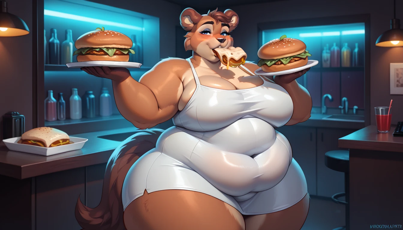 Dog eating a burger, she has a jiggly fat round belly, fat woman, bbw, love handles, crop top, tight clothes
