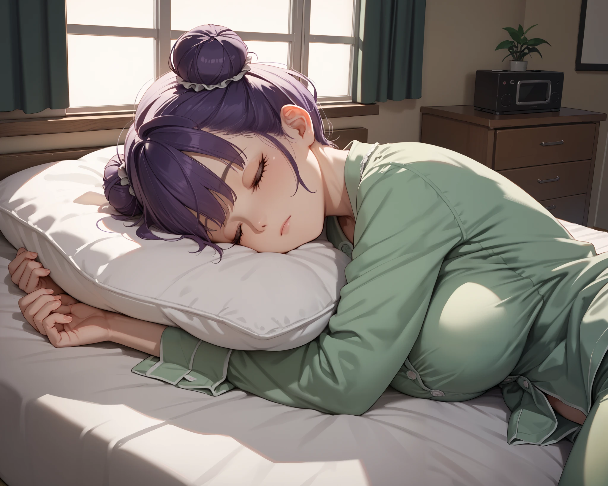score_9_up, score_8_up, score_7_up, 1girl, solo, source_anime BREAK
Large breasts, purple hair BREAK short hair, double bun, (bun cover), closed eyes BREAK
Green pajamas, green pants BREAK
Sleeping, closed mouth, lying from side, on bed, indoors, bedroom, night sky, window