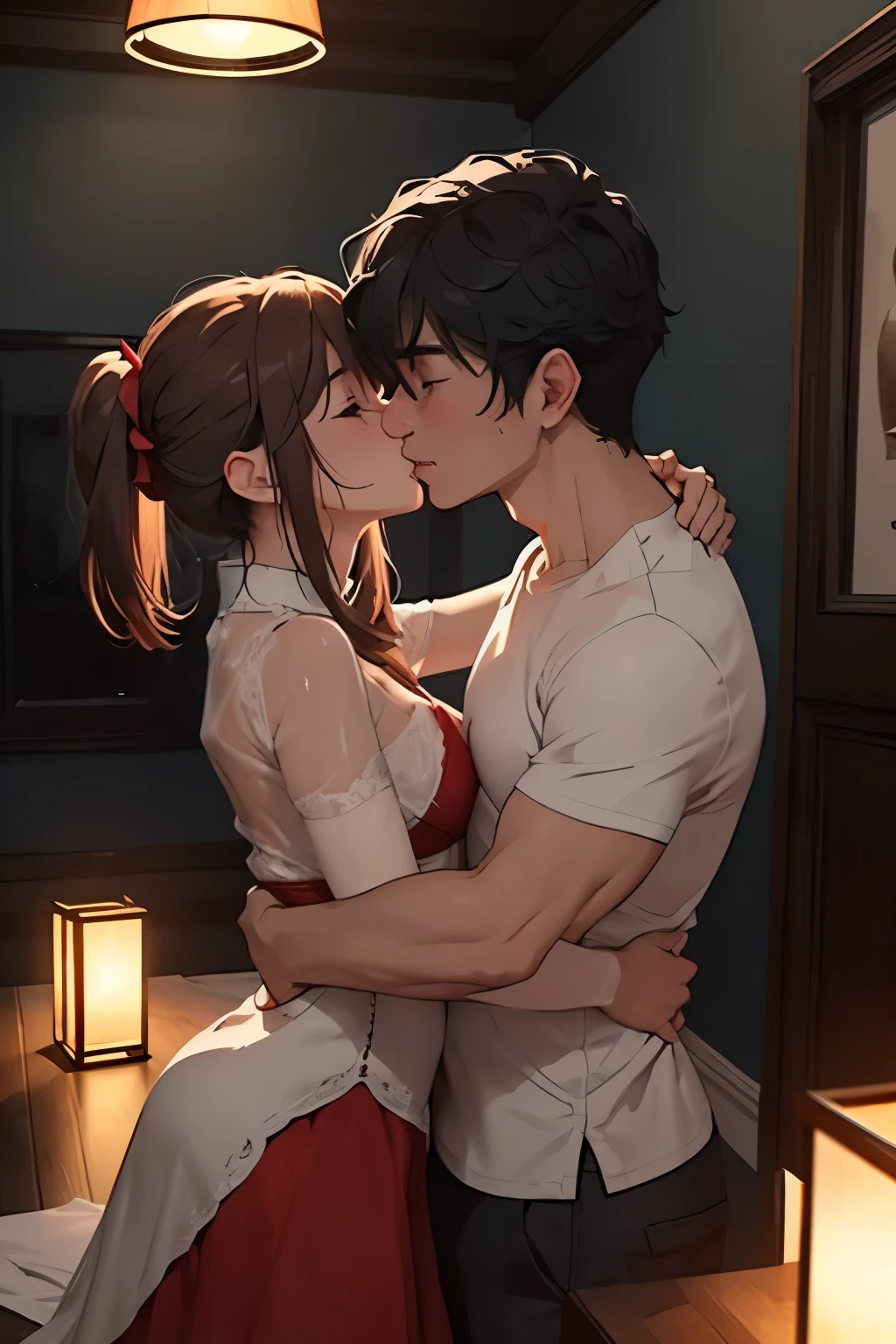 boy shirtless kissing woman wearing unbuttoned sheer white shirt and sexy red lingerie underneath, intense scene, dark room, one lamp, warm lighting, very erotic, sweaty, lustful, passionate, making out