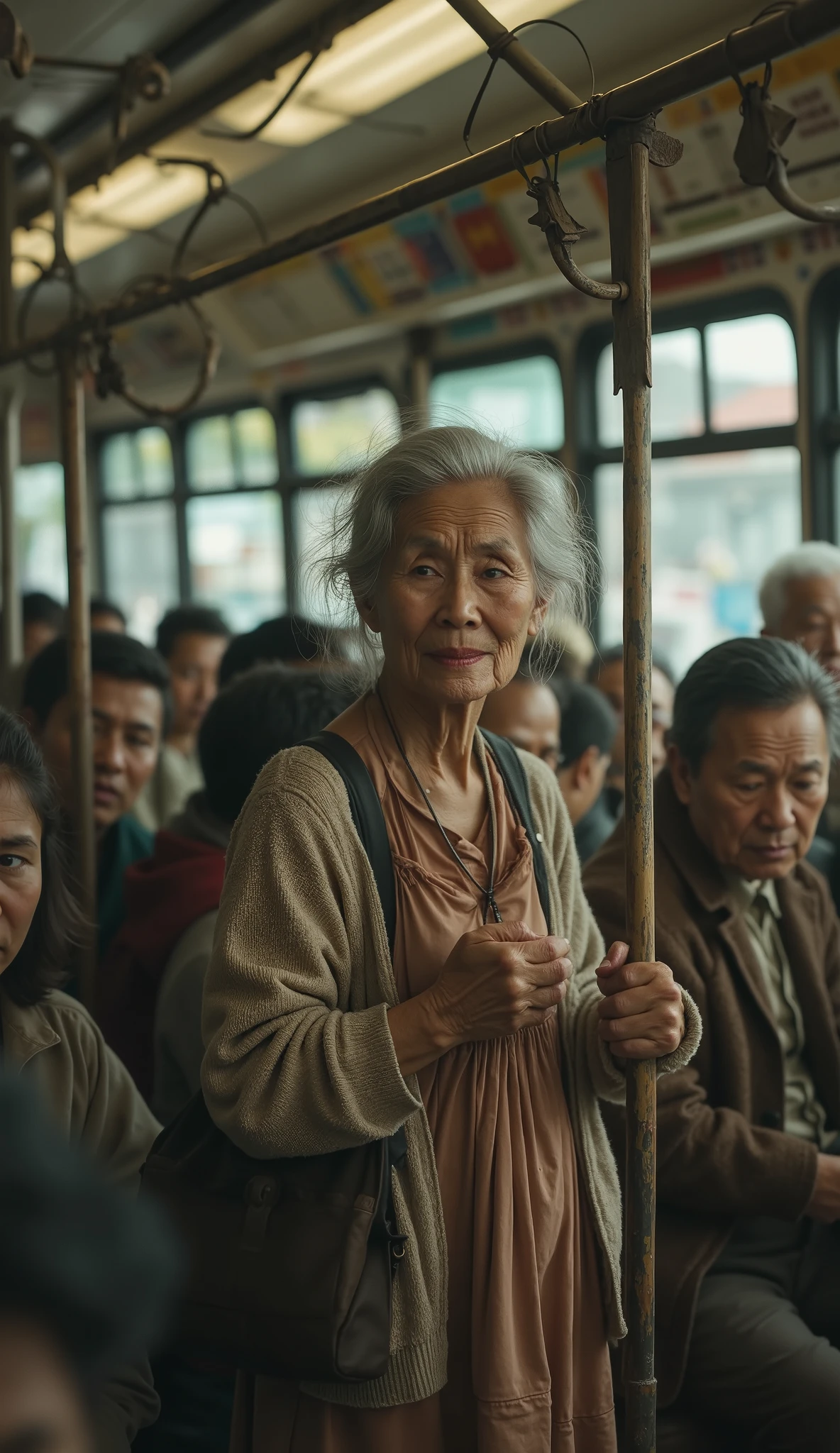 There is a grandmother standing on a packed bus.