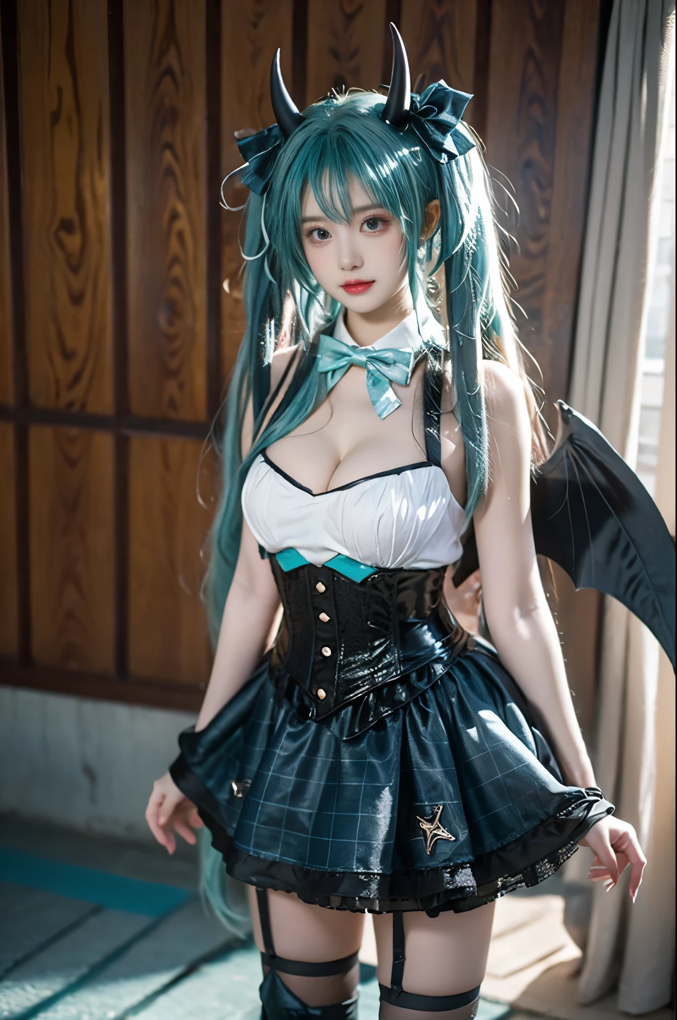 hatsune miku cosplay costume, hatsune miku, cosplay, aqua hair, very long hair, twintails, shirt, corset, skirt, plaid skirt, detached collar, detached sleeves, arm warmers, bowtie, bow, horns, demon horns, demon wings, demon tail, ribbon, o-ring, chain, thigh strap, hair ribbon, hair bow, thighhighs, torn thighhighs, knee boots, belt boots, platform boots ((Full breasts)), ((The skirt is short)), ((Sexy legs)), ((whole body)), ((I-type Valley)), ((Visible cleavage)), Practical, Fashion Girl, Red lips, Mature women, Exquisite makeup, big eyes, beautiful, (best quality, masterpiece:1.2), Very detailed, (Practical:1.37), ((Random Scenes, Random shooting angle)), ((Sexy long legs)), Young and energetic, Charming model, (Exquisite eyes, Delicate lips), Show a bright smile, Create stunning girl images, warm color, Extremely saturated colors, Official Art, Extremely detailed CG, Unity 8K wallpaper, (High Dynamic Range :1.4), (Movie atmosphere),(Soft colors), (Natural skin texture, ultra-Practical, Soft Light, sharp),(Very detailed), night, moonlight