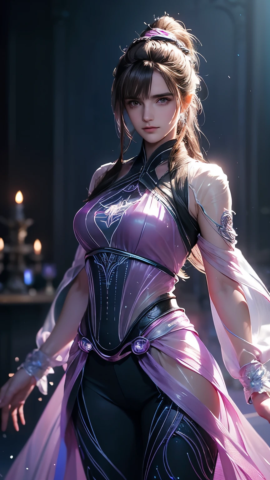 (((frontage,Full-body figure))) A dark-haired, femele, a cool,colourfull,Japanese Katana Sword,PlayingCards,Character Focus, cinema4d, 4K resolution, Complementary natural tones