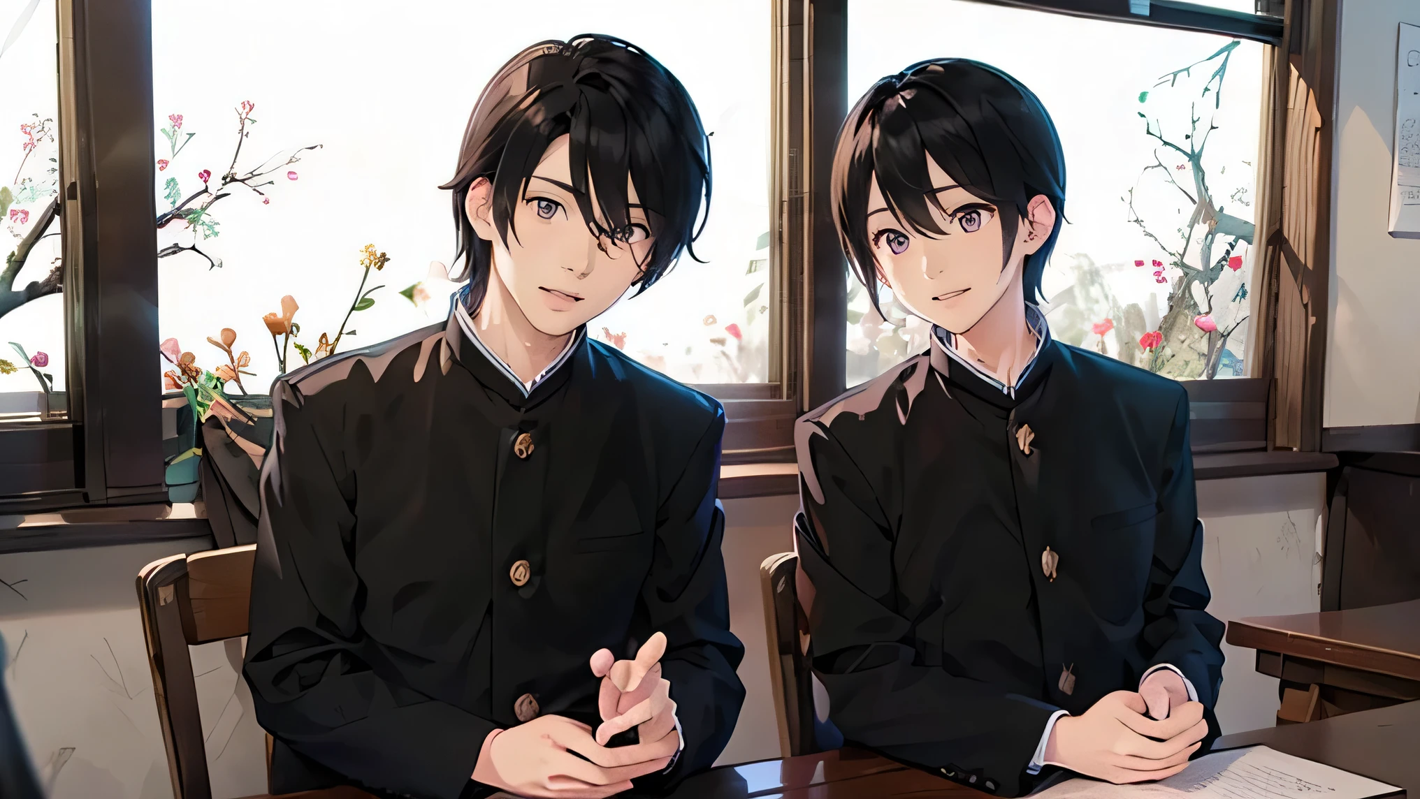 Two Japanese men handsome smile In the classroom Outside the window is early spring there is only one cherry tree boys love cartoon The two sit side by side Future Classroom Two Japanese menが肩を組む 二人共にBlack school run school uniform Black school run