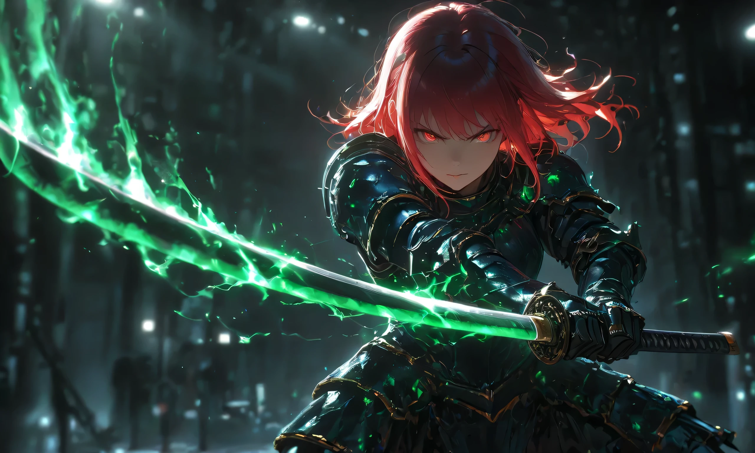 1girl, red hair, messy short hair, attacking pose, middle shot, depth of field, purple katana, dark moody atmosphere, dramatic cinematic lighting, highly detailed, hyper realistic, 8k, photorealistic, masterpiece, sharp focus, studio lighting, physically-based rendering, extreme detail, vibrant colors, cinematic, cinematography,(katana with Rune), looking at viewer, dragon armor, stylish armor,