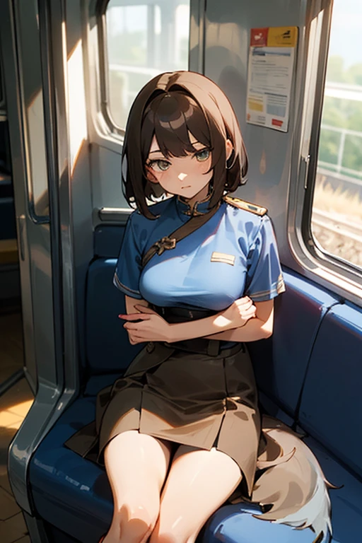 ,1 girl,Navy Blue American Police,Navy blue mini skirt,blue eyes,serious face,brown hair,bob hair,jungle,,blush,Licking,Slender,Inside the transport plane,sit,