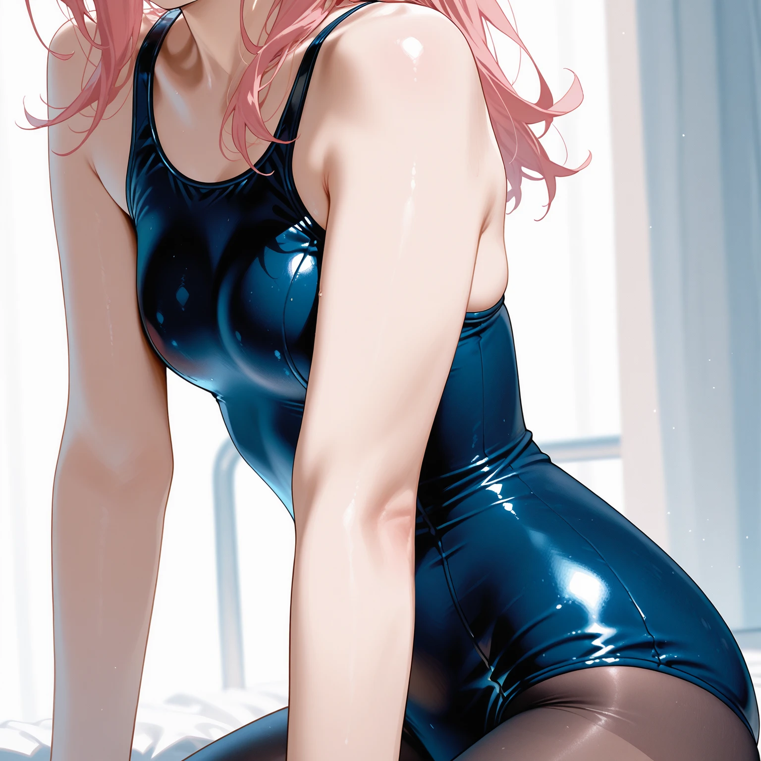 Anime style girl in a pink leotard lying on a pink carpet, Lying Dynamic Pose, desperate pose, photorealistic anime girl render, bubblegum body, relaxed poses, Pink body, hands behind her body pose!, Dominant pose, rendered in sfm, Smooth Anime CG Art, smooth pink skin, 3d anime girl, Strongest Pose, oppai, covered in pink flesh