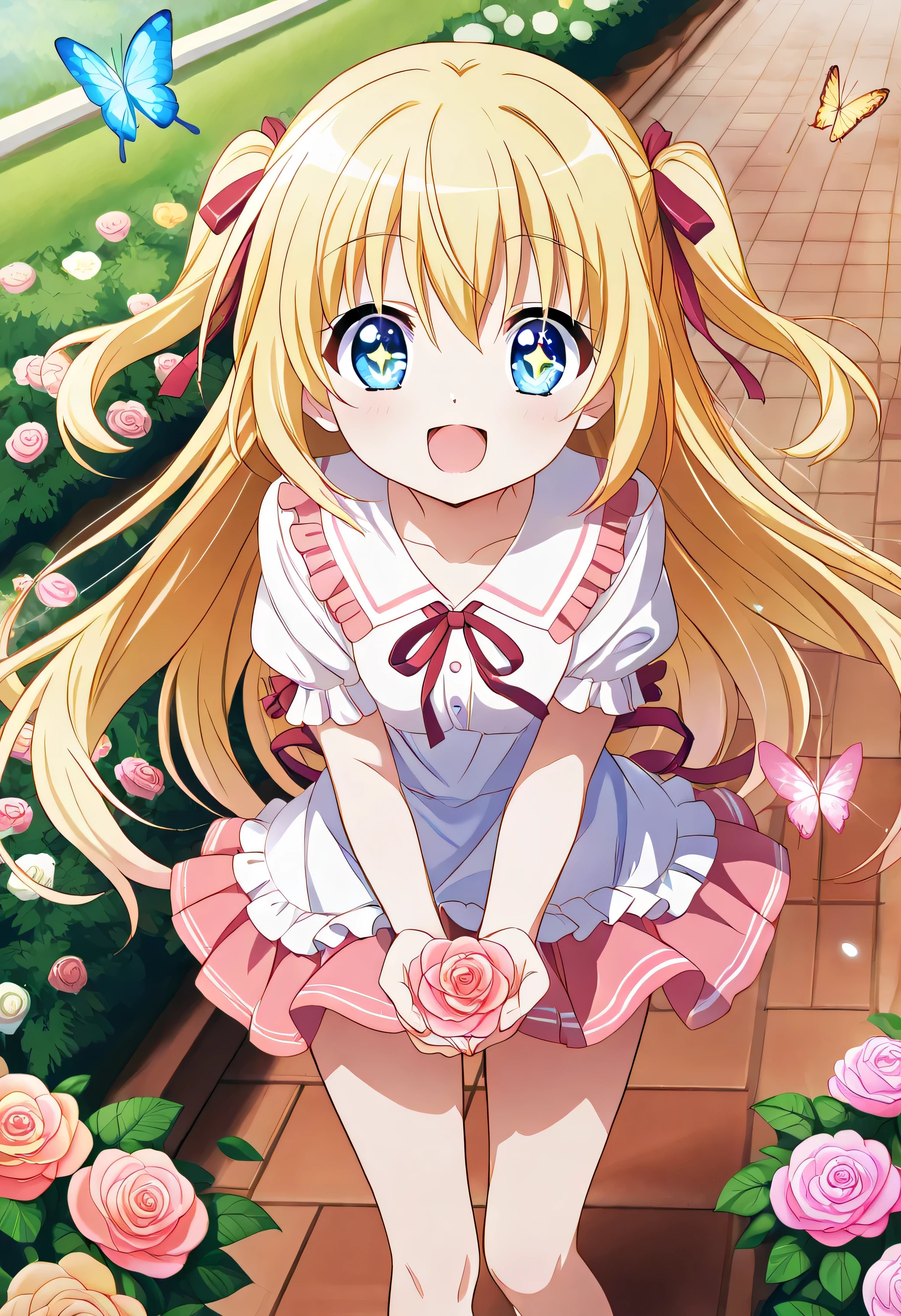 white panties visible"a cute and stylish 20-year-old anime girl。long with waves Her blonde hair is tied with twin ribbons、and is wearing a pastel-colored ruffle blouse and pleated miniskirt。Her costume is adorned with lace and small ribbons、giving her soft, feminine charm。she's standing in a sunny flower garden、Roses are blooming all around her、Butterflies are fluttering。her big, sparkling eyes、a playful twirl reflecting her happiness、the sunshine casts a gentle glow on her white skin。This scene、drawn in a dreamy, vibrant anime style with soft pastels and fine details。"
