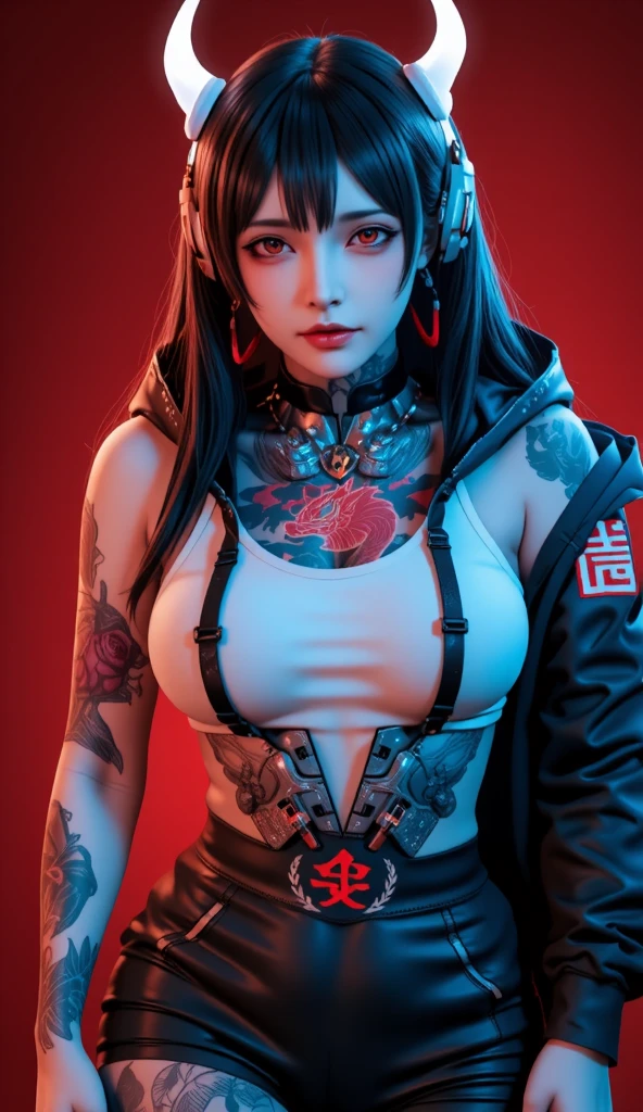 photorealistic, high resolution, soft light,1women, solo, hips up, (detailed face), jewelry, tattoo,black mafia clothing, black hair, super long hair, looking viewers, tatto, messy hair, close up, small breast, adult, holding sword