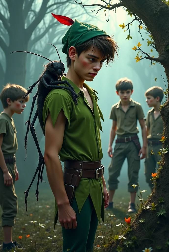 Create something related to Peter Pan, very macabre, that refers to the animal piranha