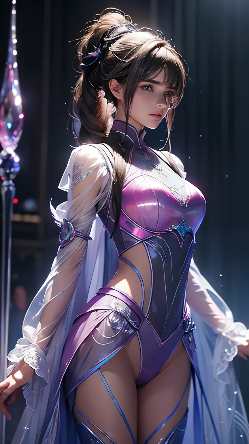 Soft Light, masterpiece, Highest quality,(finely detail:1.4),armpit, (miyu edelfelt), clothes reflecting light, detailed body, brown eyes, hair between eyes, black hair, medium hair, hair ribbon, x-shaped hair ornament,  breasts, sidelocks, twin tails, kawaii, magical girl , clothing cutout, side cutout, detached long sleeves, (purple leotard), purple thigh highs, white cape, 1 girl, 独奏,  (masterpiece, best quality, 8K:1.2), realistic,  (high quality), (no skirt)  
     
