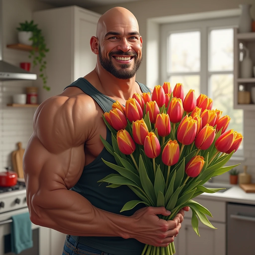 (Very handsome hairless uncle:1.3)、(Glossy headskin:1.3)、Hairy pubis、Hairy legs、strong mustache、Good looking middle aged bald bodybuilder in yellow tank top and jeans、Cool statue、(Yellow flower mess on background:1.3)、Spectacular realistic photos、Back lighting:1.3、More on rich skin:1.3、
